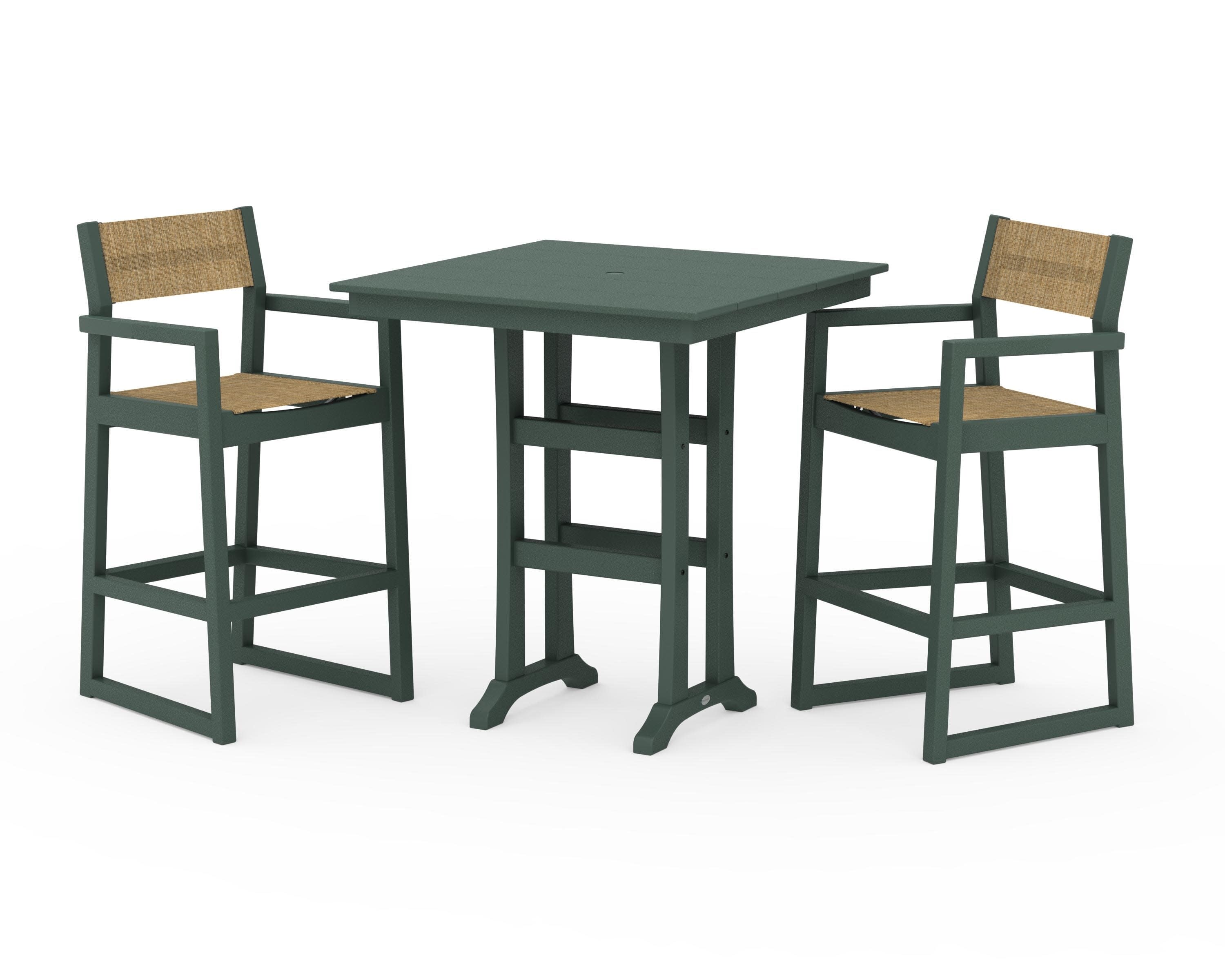 EDGE Sling Arm Chair 3-Piece Farmhouse Bar Set with Trestle Legs in Green / Burlap Sling