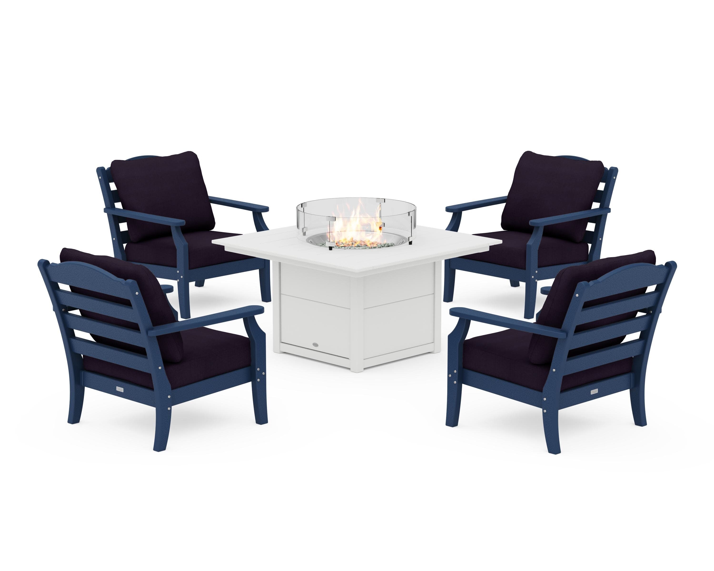 Savannah 5-Piece Deep Seating Set with Fire Pit Table in Navy / Navy Linen
