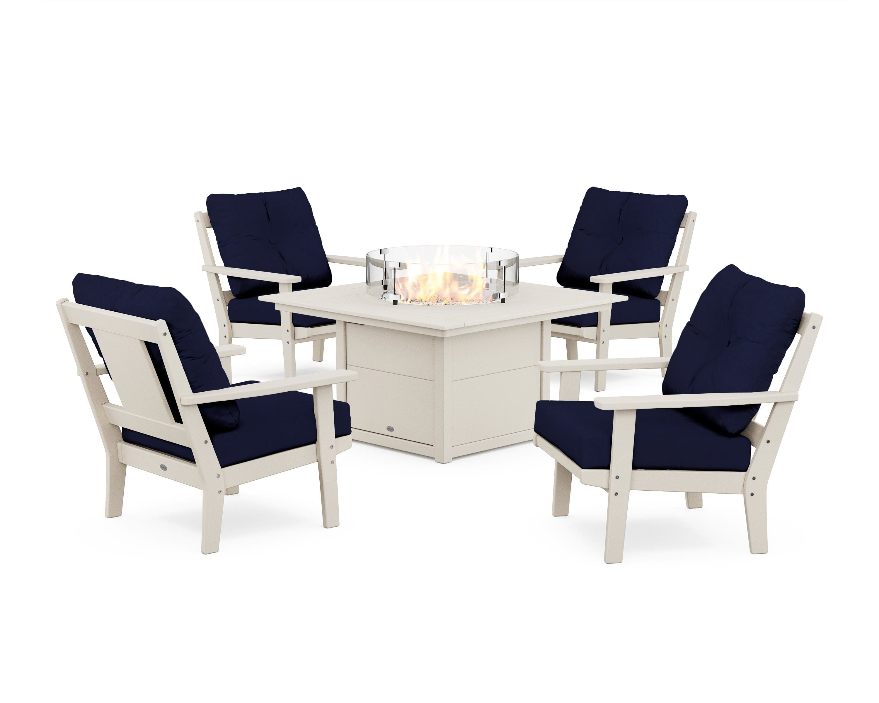 Prairie 5-Piece Deep Seating Set with Fire Pit Table in Sand / Navy