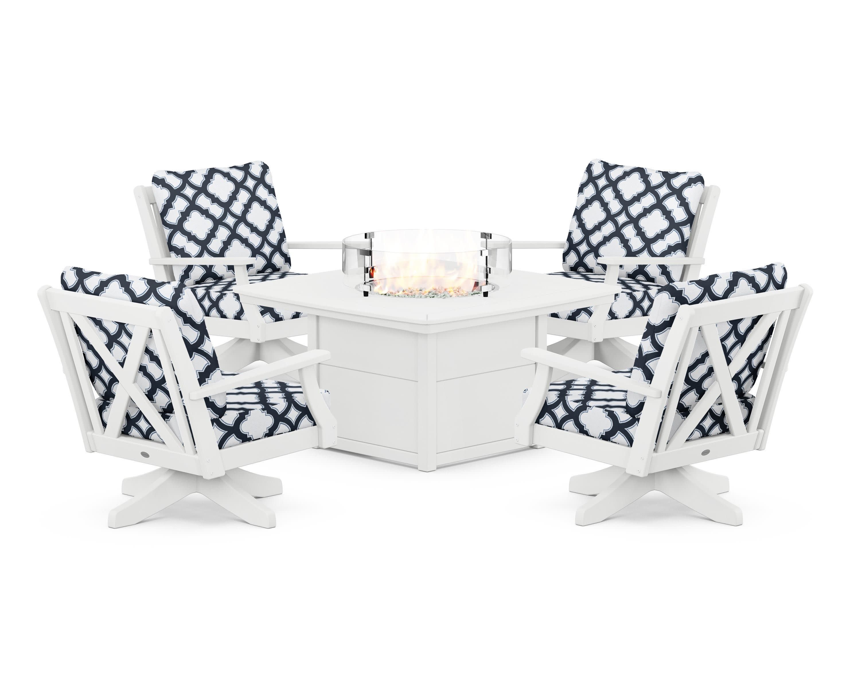 Braxton 5-Piece Deep Seating Swivel Conversation Set with Fire Pit Table in White / Trellis Marine Indigo