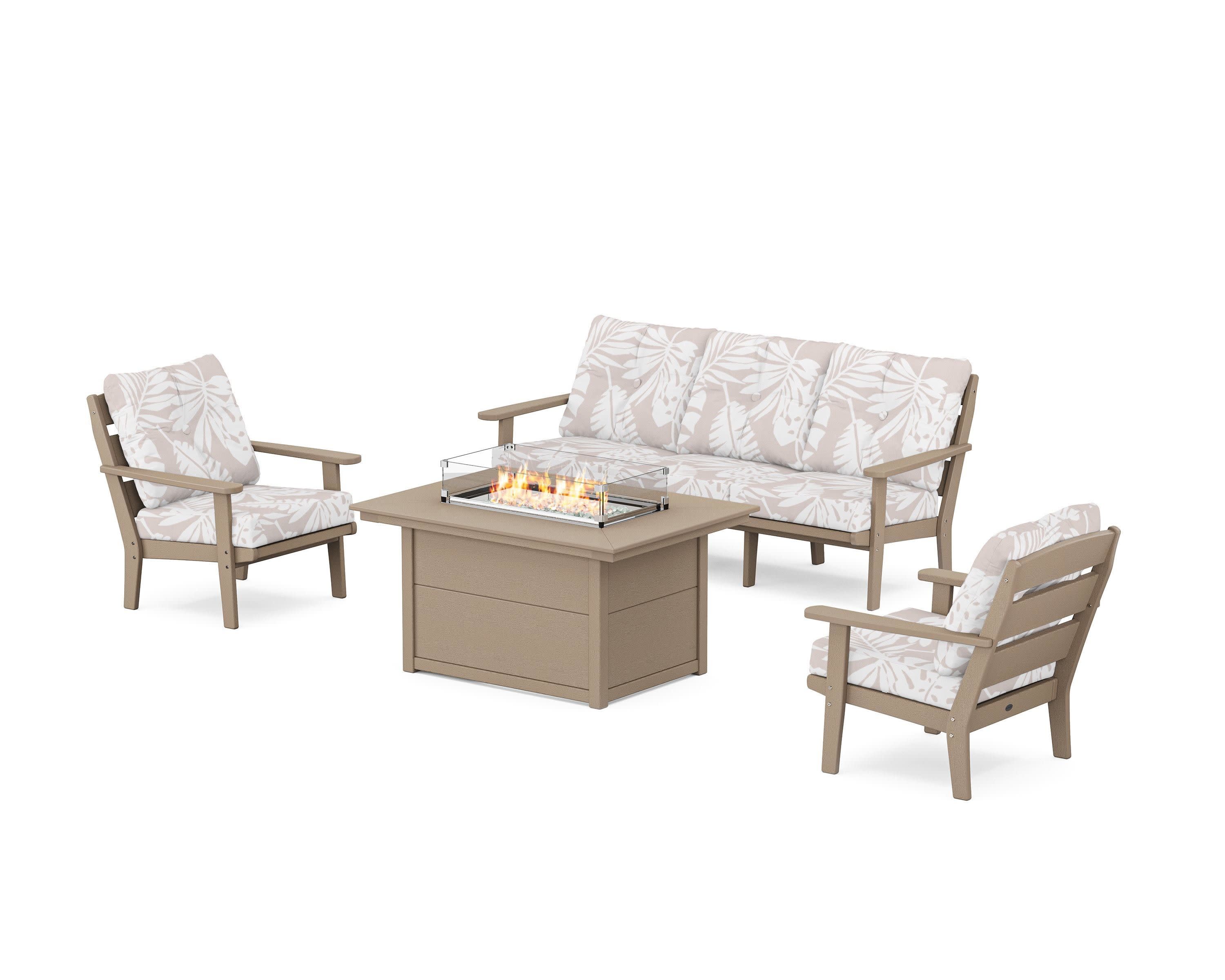 Lakeside Deep Seating Fire Pit Table Set in Vintage Sahara / Leaf Dune Burlap