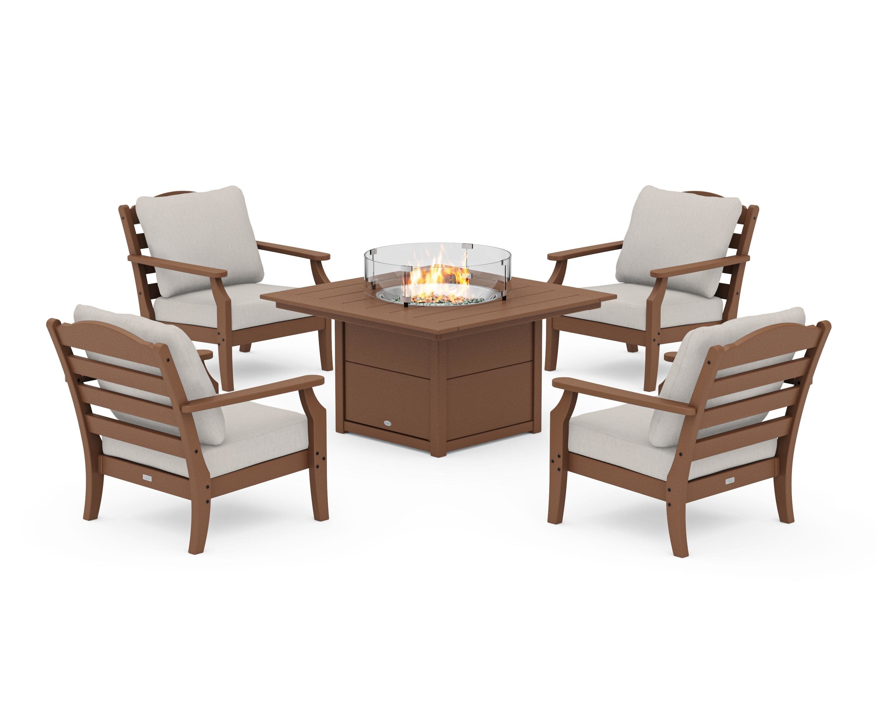 Savannah 5-Piece Deep Seating Set with Fire Pit Table in Teak / Cast Ash