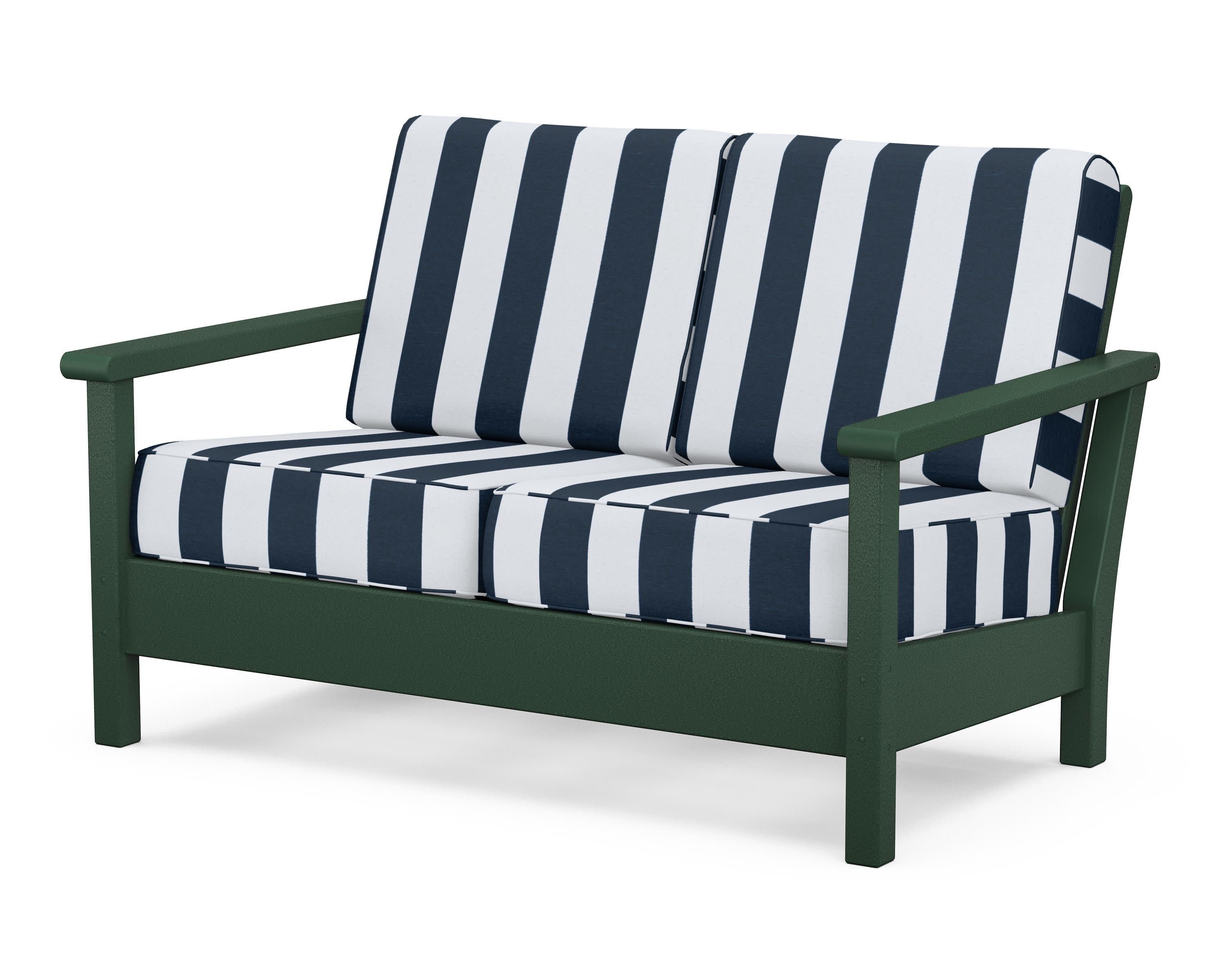 Harbour Deep Seating Loveseat in Green / Cabana Stripe Marine Indigo