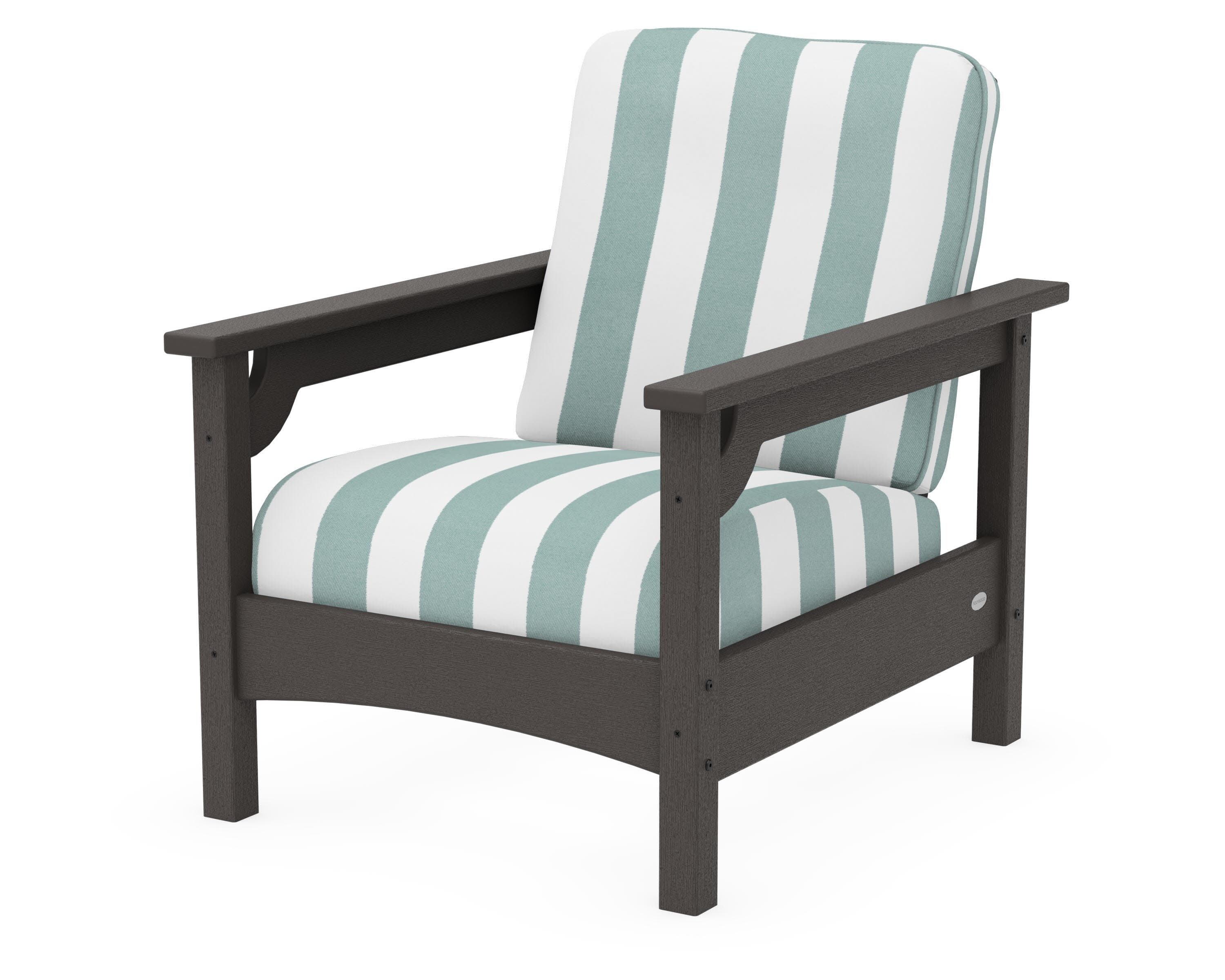 Club Chair in Vintage Coffee / Cabana Stripe Glacier Spa