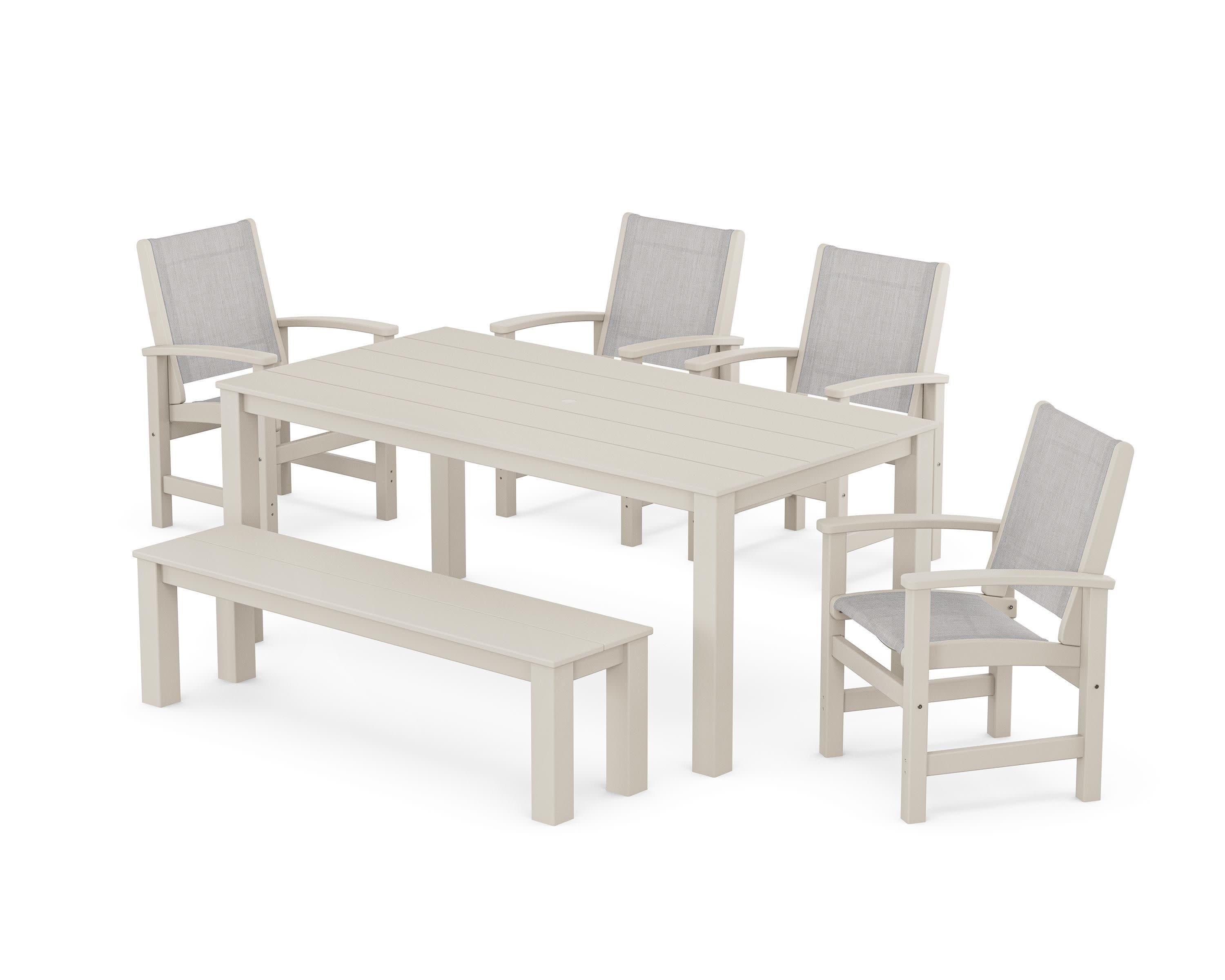 Coastal 6-Piece Parsons Dining Set with Bench in Sand / Parchment Sling