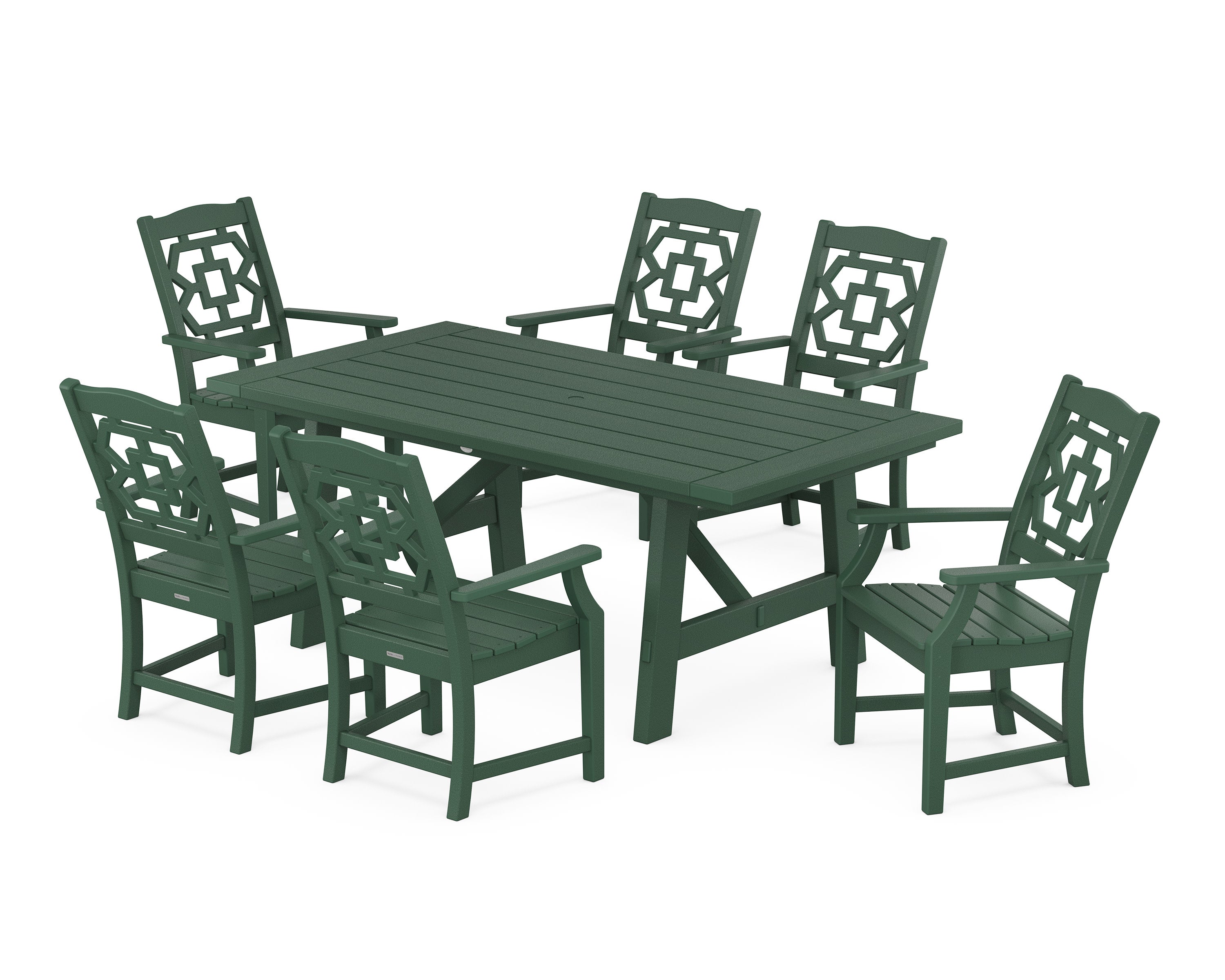 Chinoiserie Arm Chair 7-Piece Rustic Farmhouse Dining Set in Green