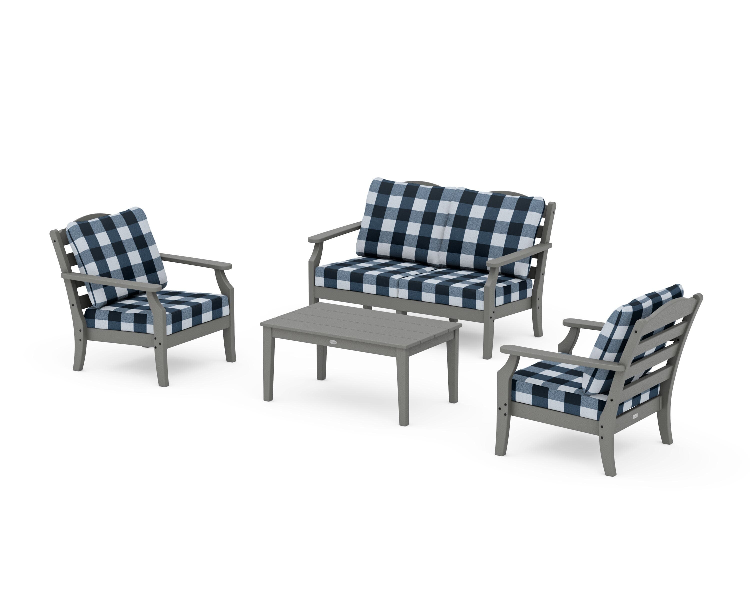 Savannah 4-Piece Deep Seating Set with Loveseat in Slate Grey / Buffalo Plaid Marine Indigo