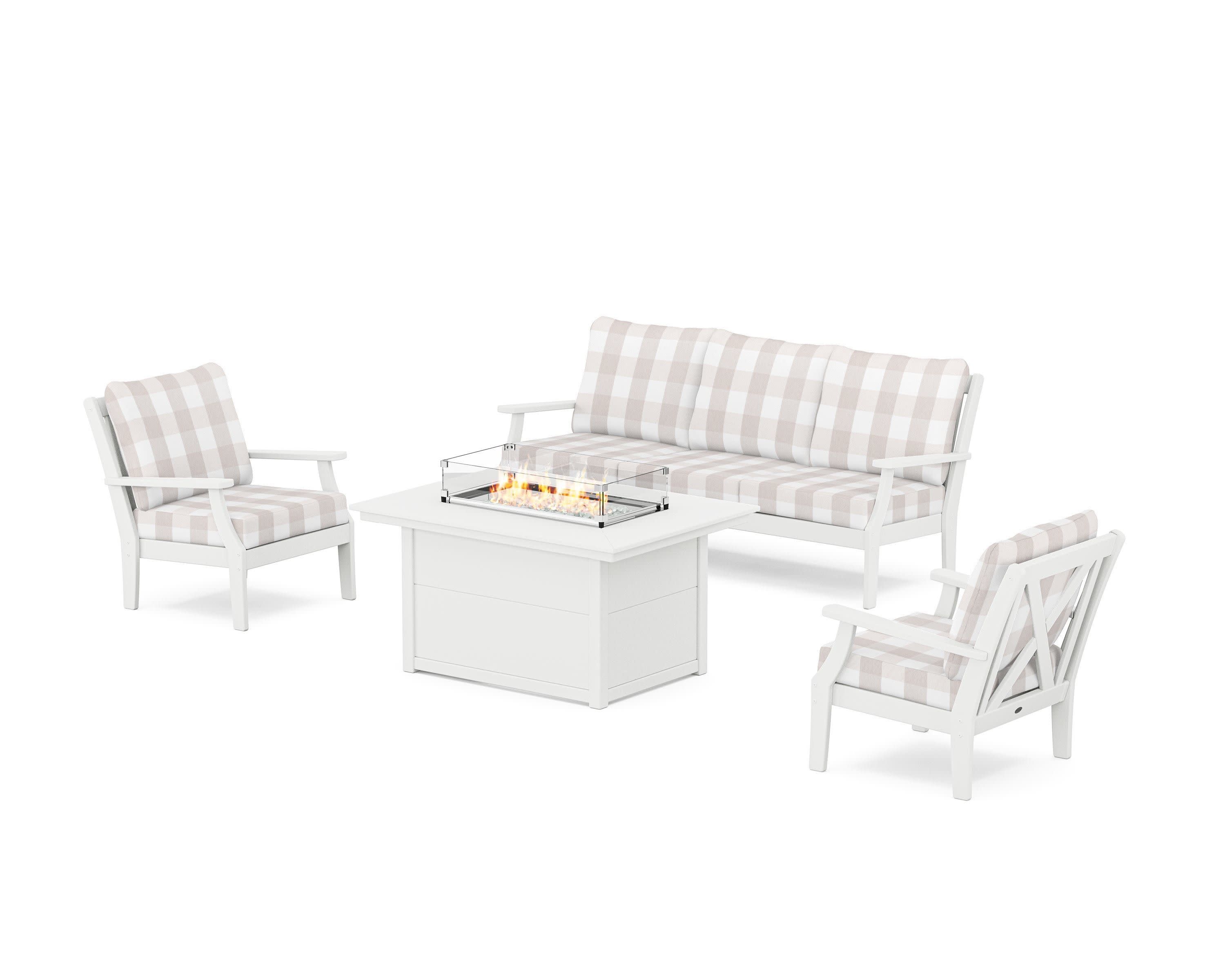 Braxton Deep Seating Fire Pit Table Set in White / Buffalo Plaid Dune Burlap