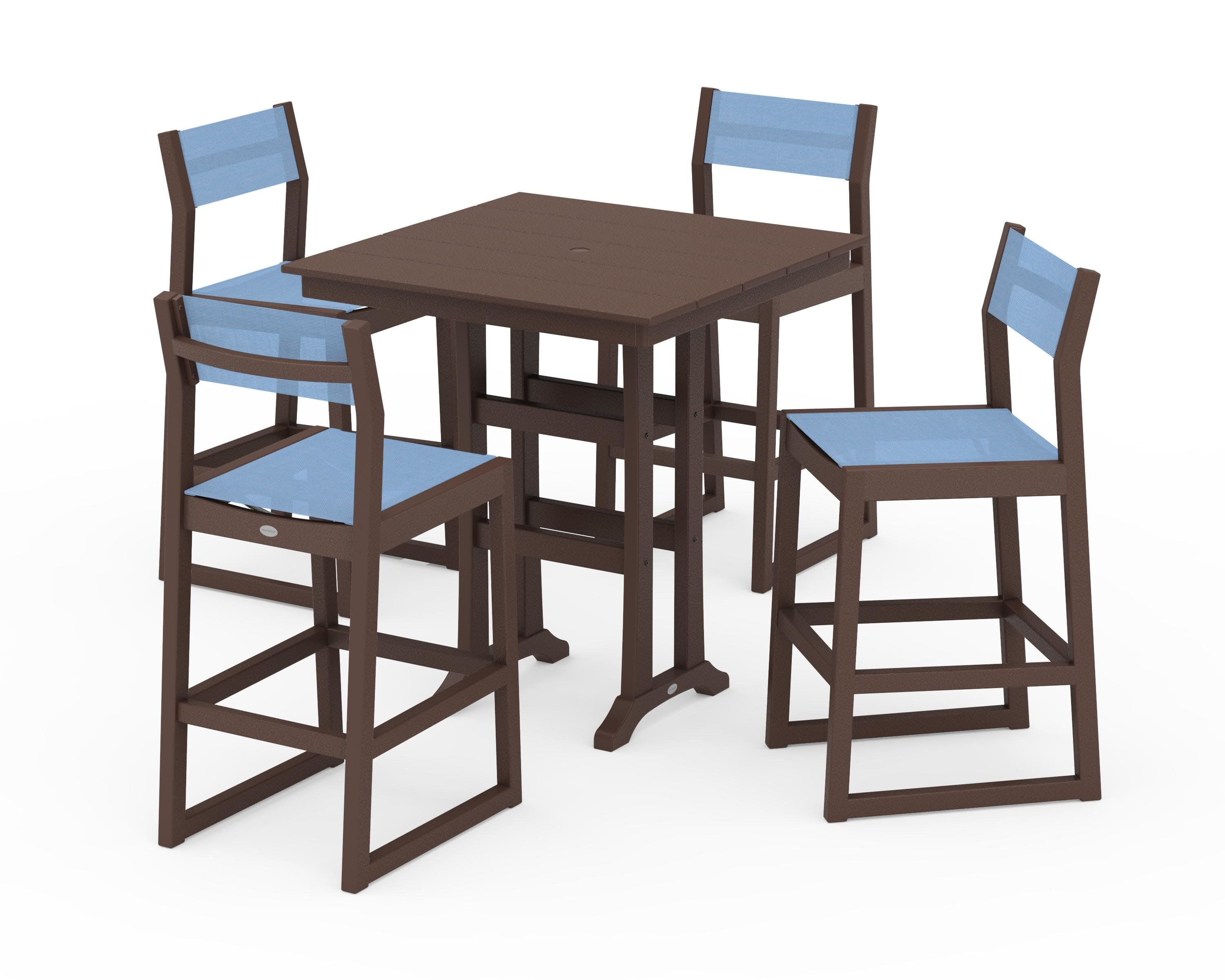 EDGE Sling Arm Chair 5-Piece Farmhouse Bar Set with Trestle Legs in Mahogany / Poolside Sling