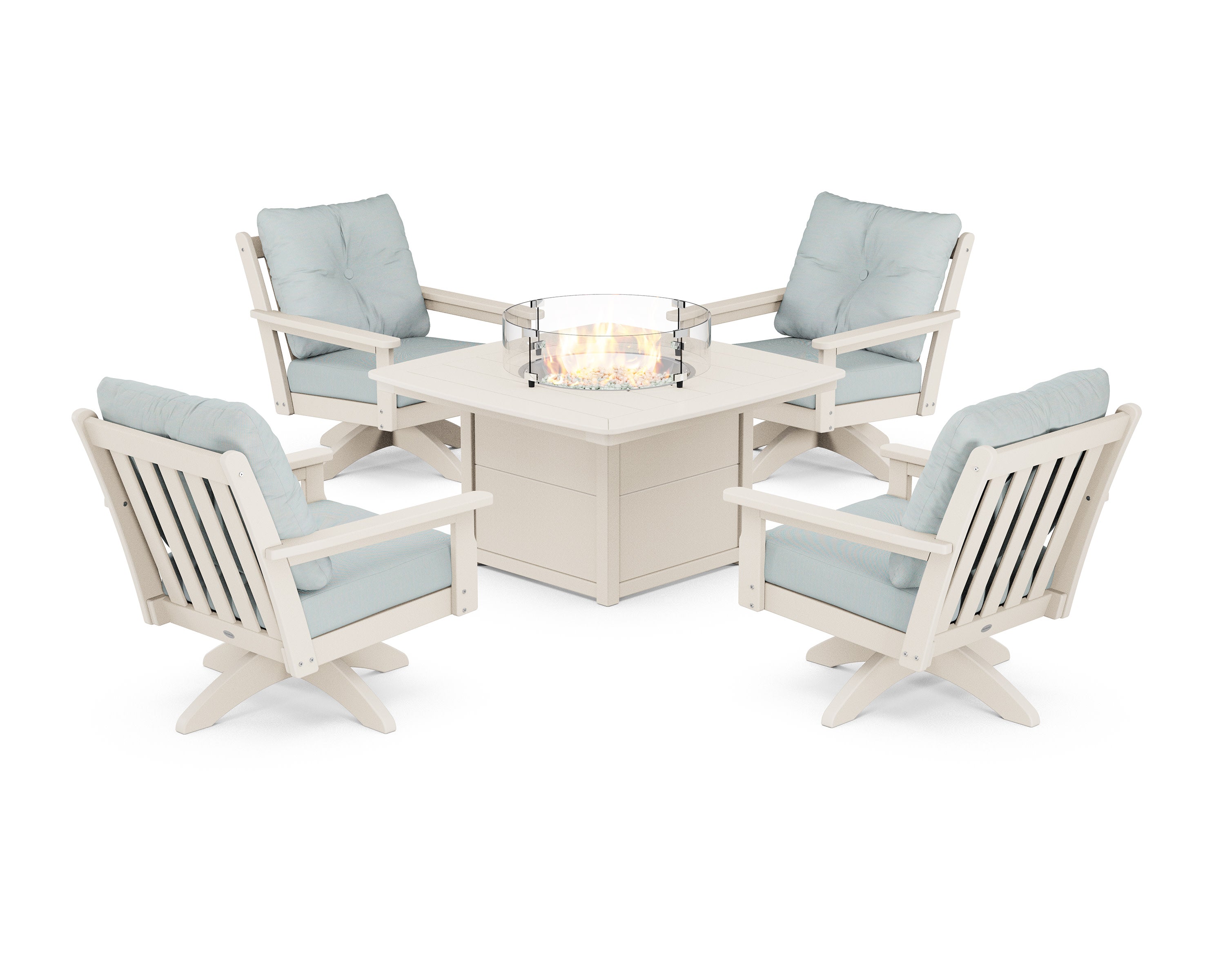 Vineyard 5-Piece Deep Seating Swivel Conversation Set with Fire Pit Table in Sand / Spa