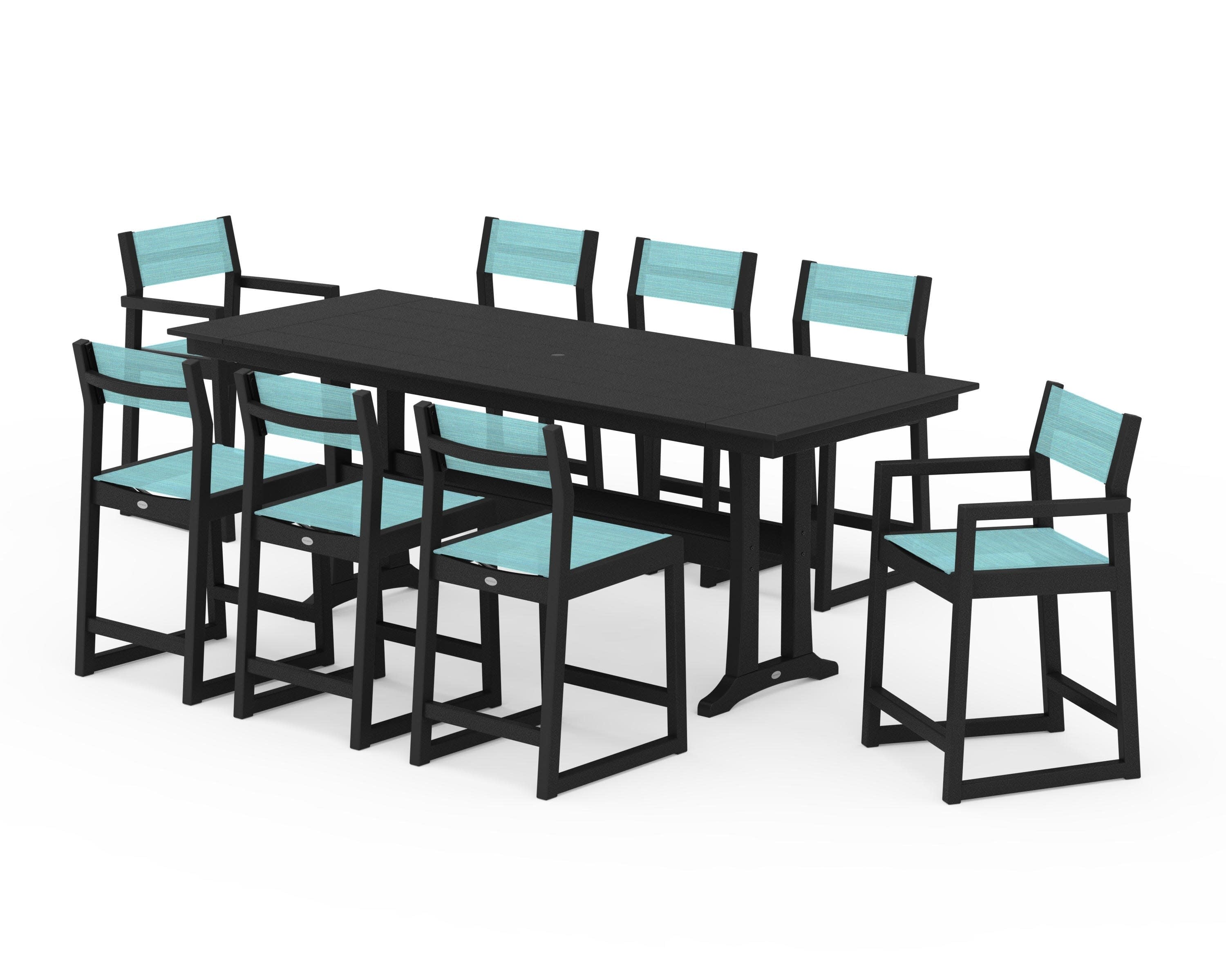 EDGE Sling 9-Piece Farmhouse Counter Set with Trestle Legs in Black / Dupioni Aquamarine Sling
