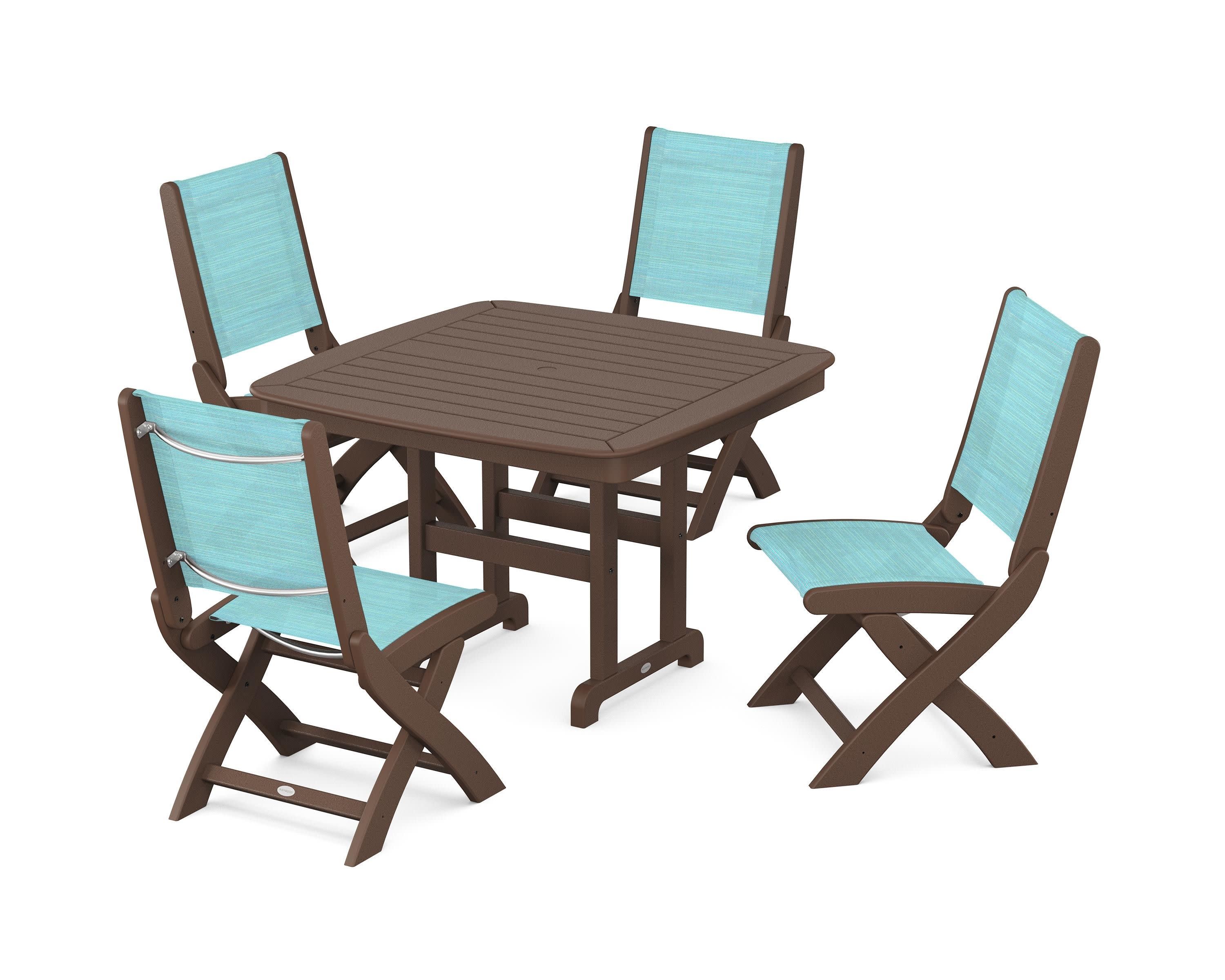 Coastal Folding Side Chair 5-Piece Dining Set in Mahogany / Dupioni Aquamarine Sling