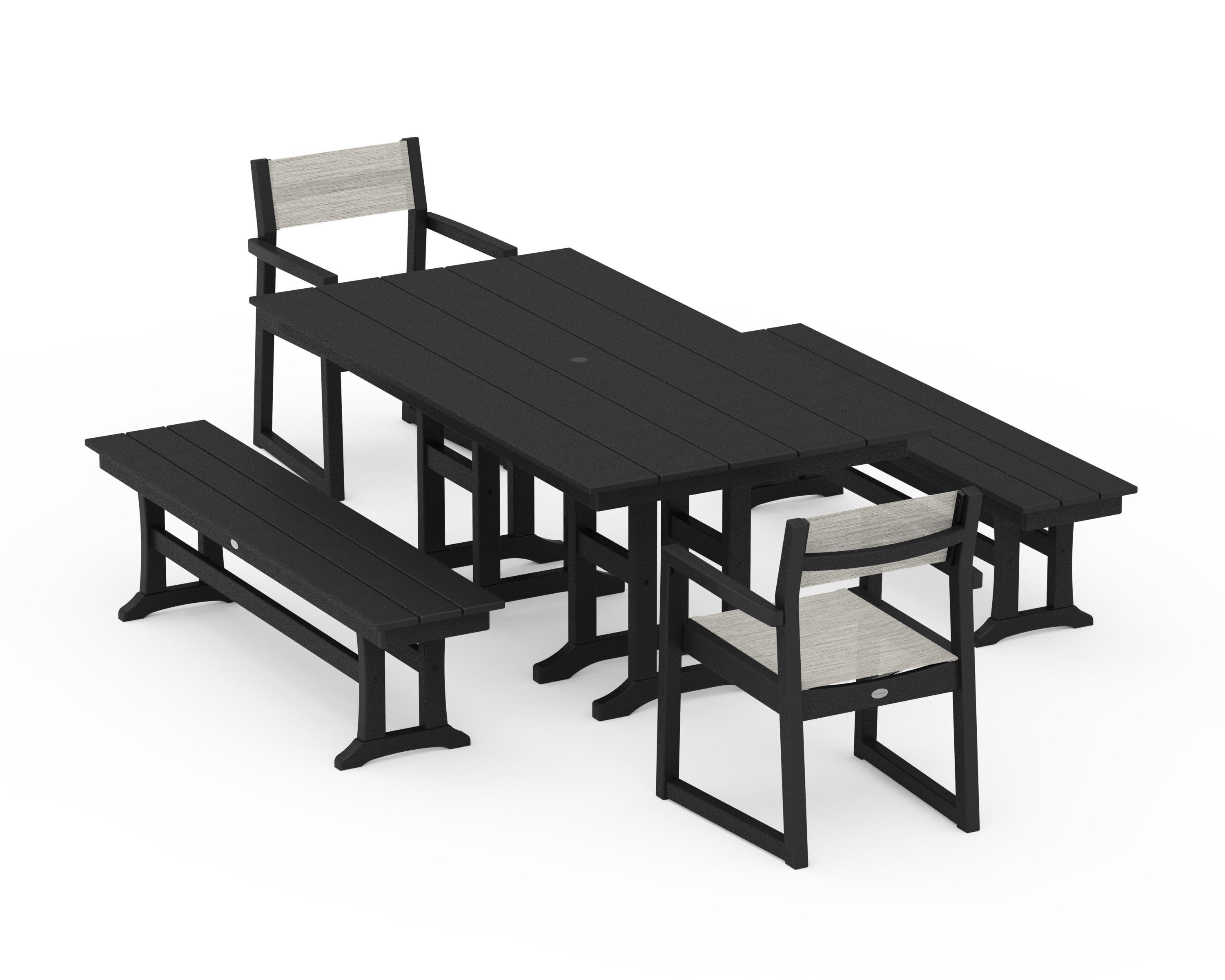 EDGE Sling Arm Chair 5-Piece Farmhouse Dining Set with Benches in Black / Birch Sling