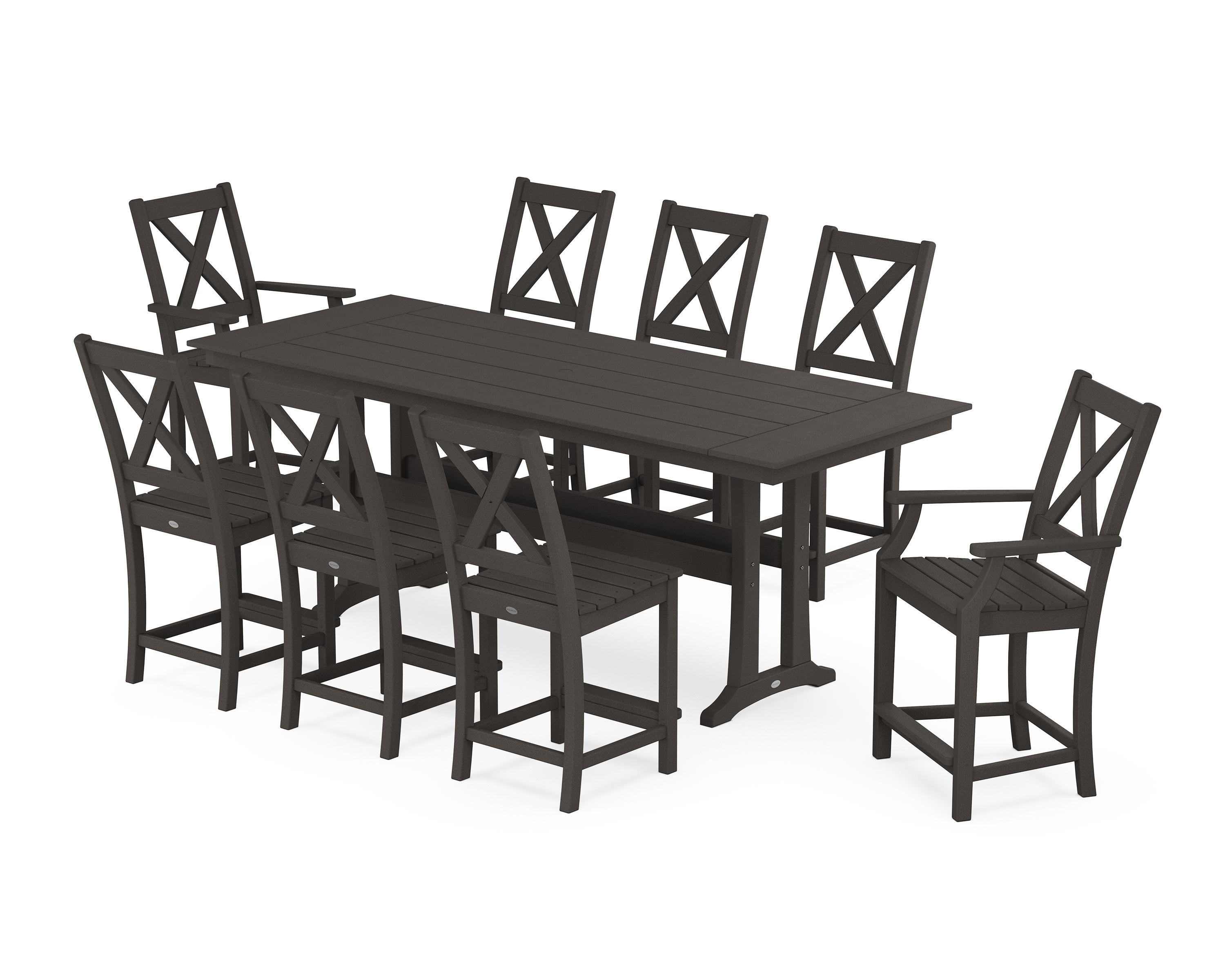 Braxton 9-Piece Farmhouse Counter Set with Trestle Legs in Vintage Coffee
