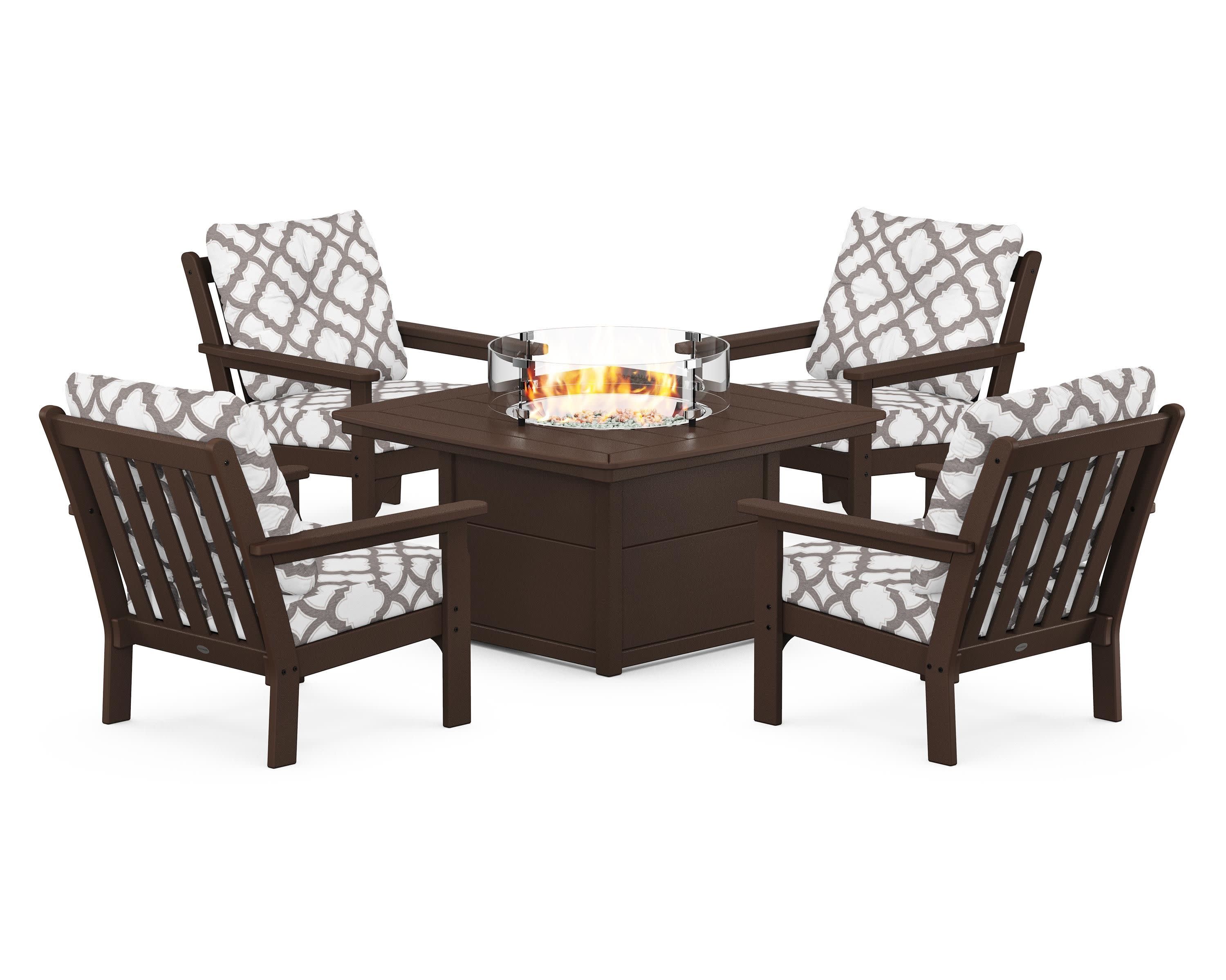 Vineyard 5-Piece Conversation Set with Fire Pit Table in Mahogany / Trellis Grey Mist