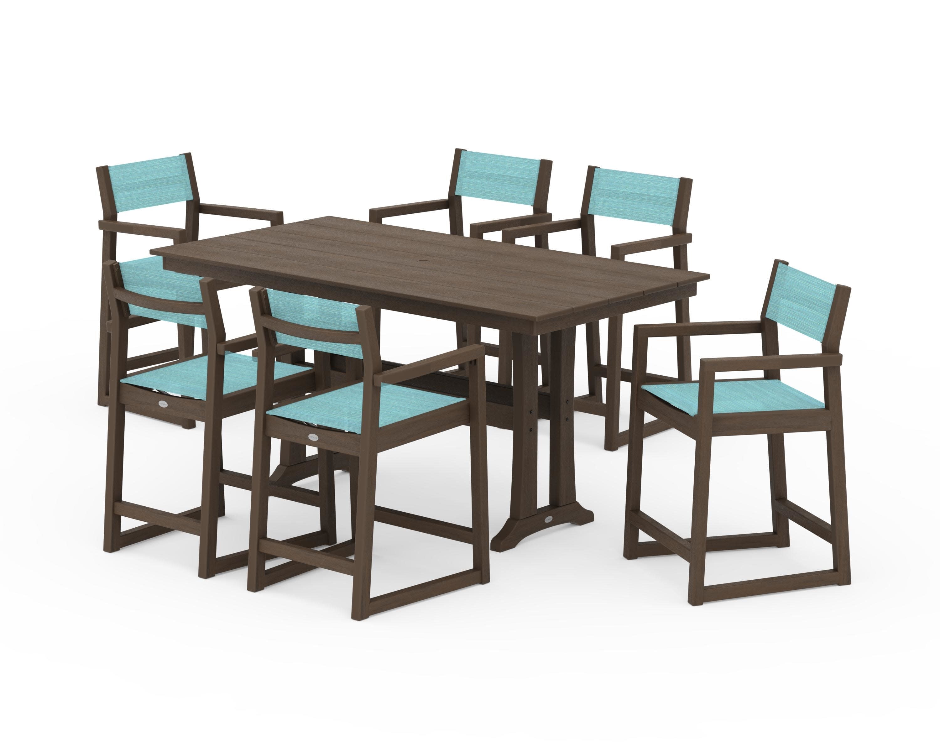 EDGE Sling Arm Chair 7-Piece Farmhouse Counter Set with Trestle Legs in Kona / Dupioni Aquamarine Sling