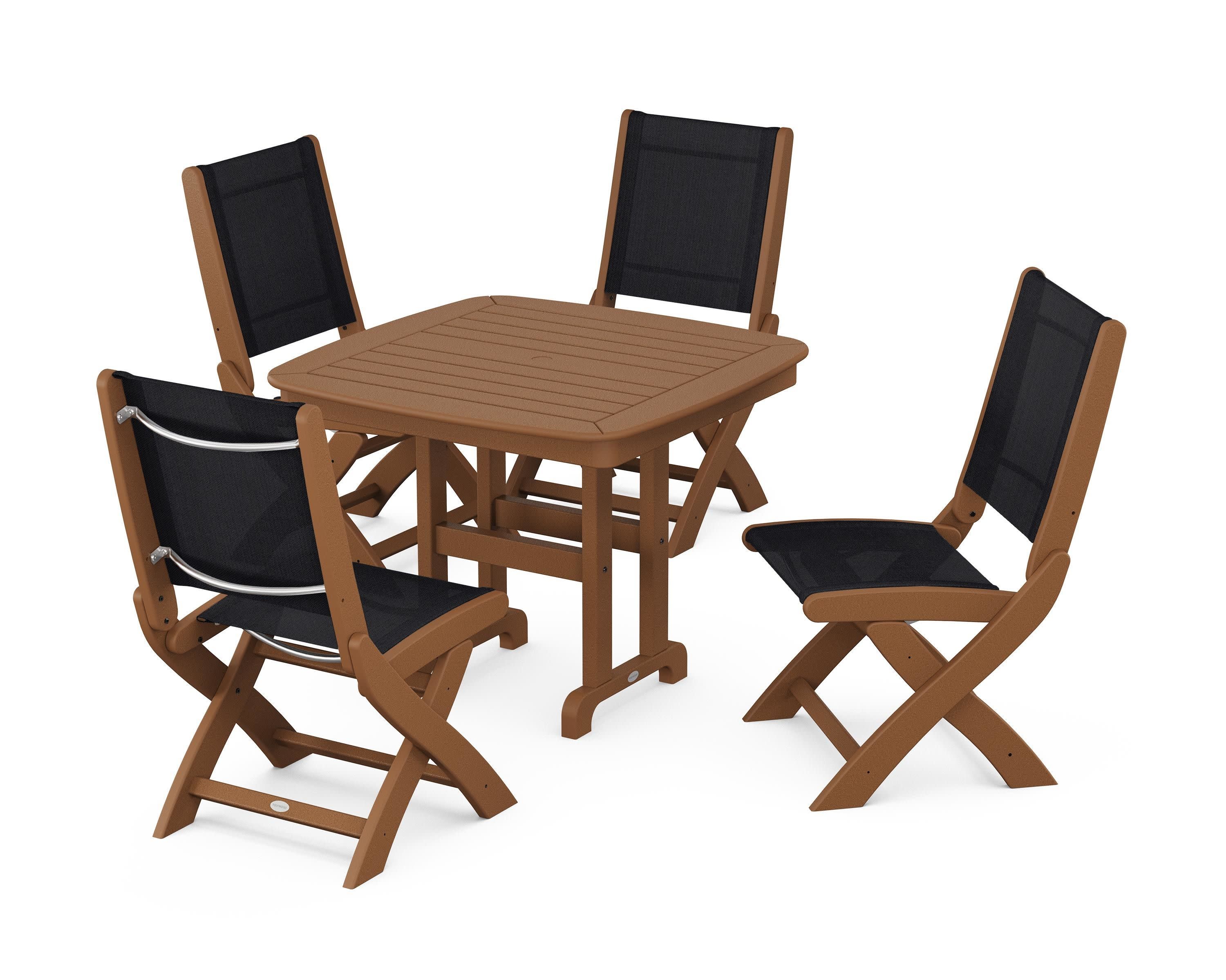Coastal Folding Side Chair 5-Piece Dining Set in Teak / Black Sling