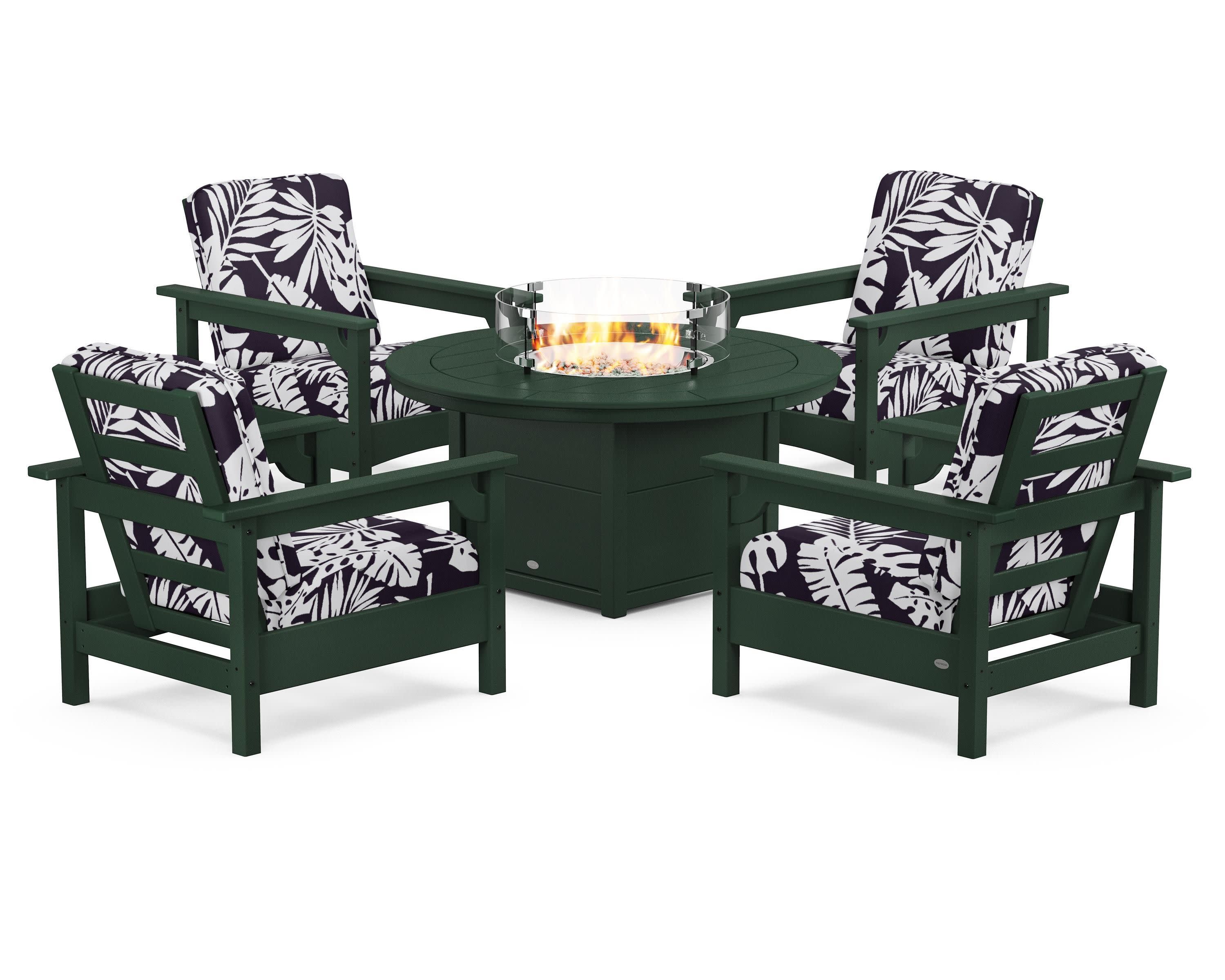 Club 5-Piece Conversation Set with Fire Pit Table in Green / Leaf Navy