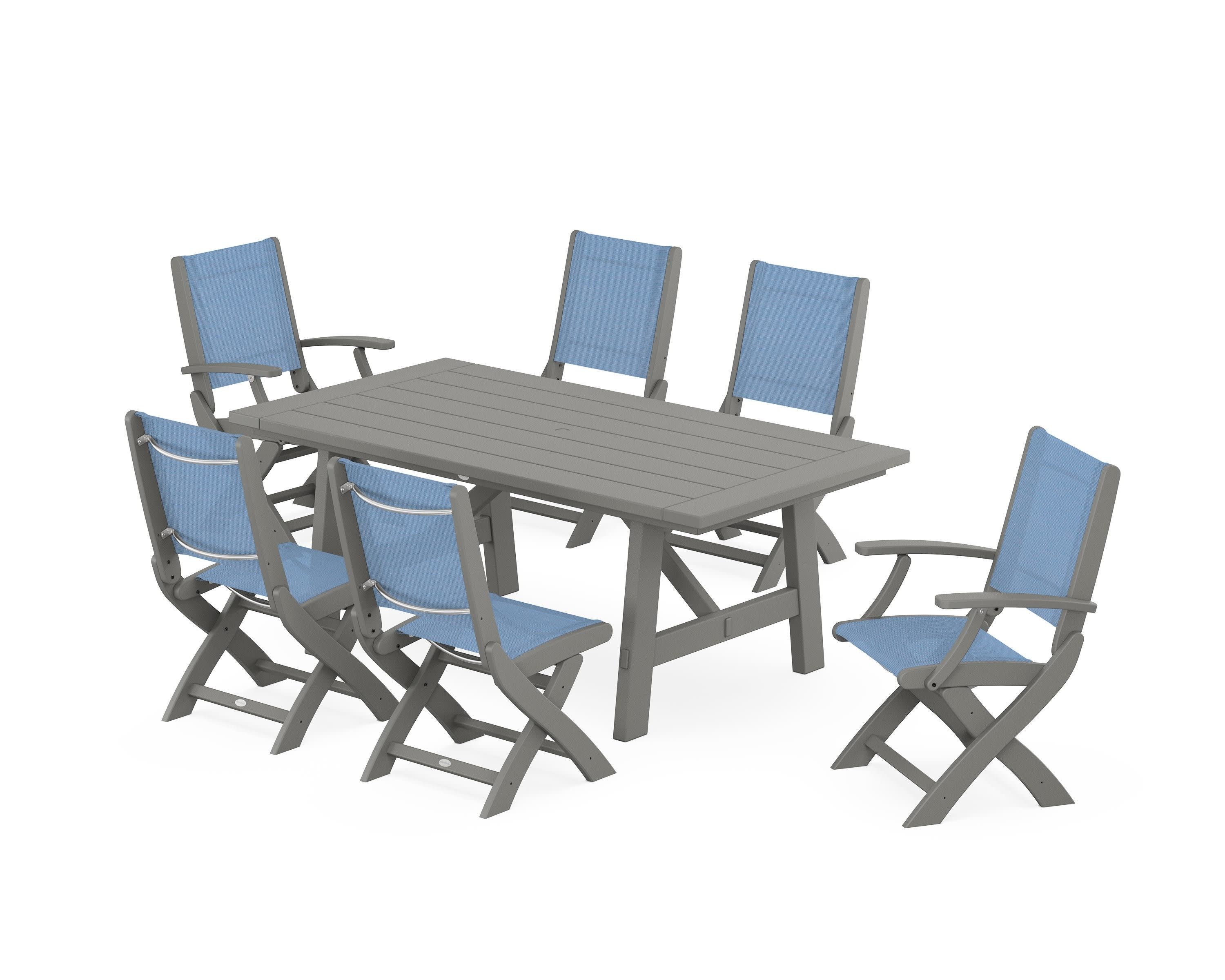 Coastal Folding Chair 7-Piece Rustic Farmhouse Dining Set in Slate Grey / Poolside Sling