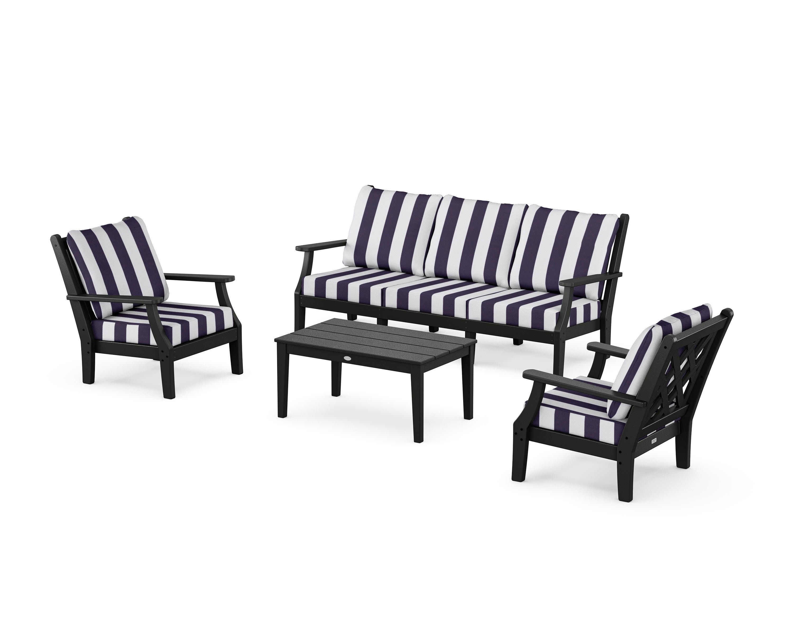 Wovendale 4-Piece Deep Seating Set with Sofa in Black / Cabana Stripe Navy