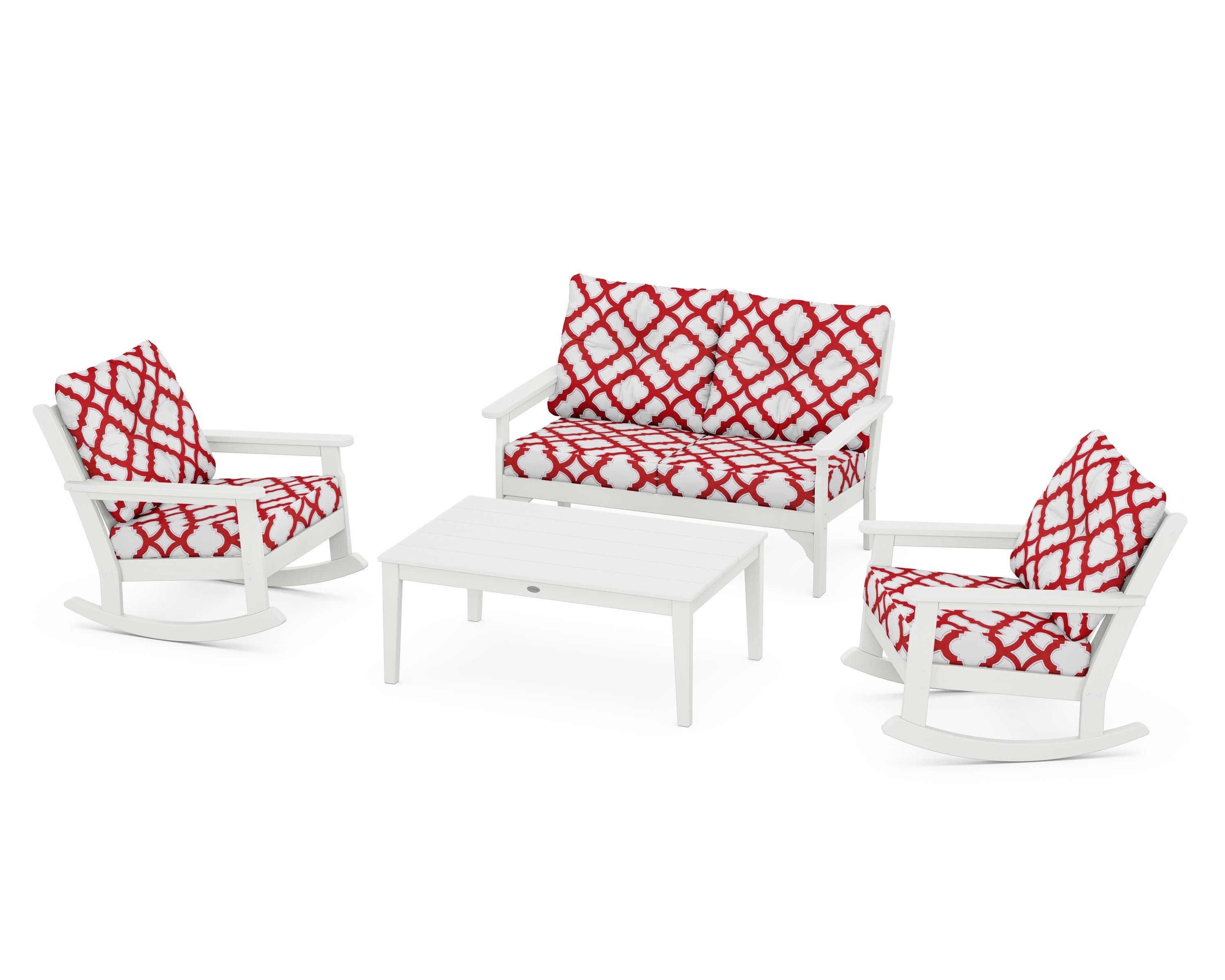 Vineyard 4-Piece Deep Seating Rocking Chair Set in Vintage White / Trellis Crimson