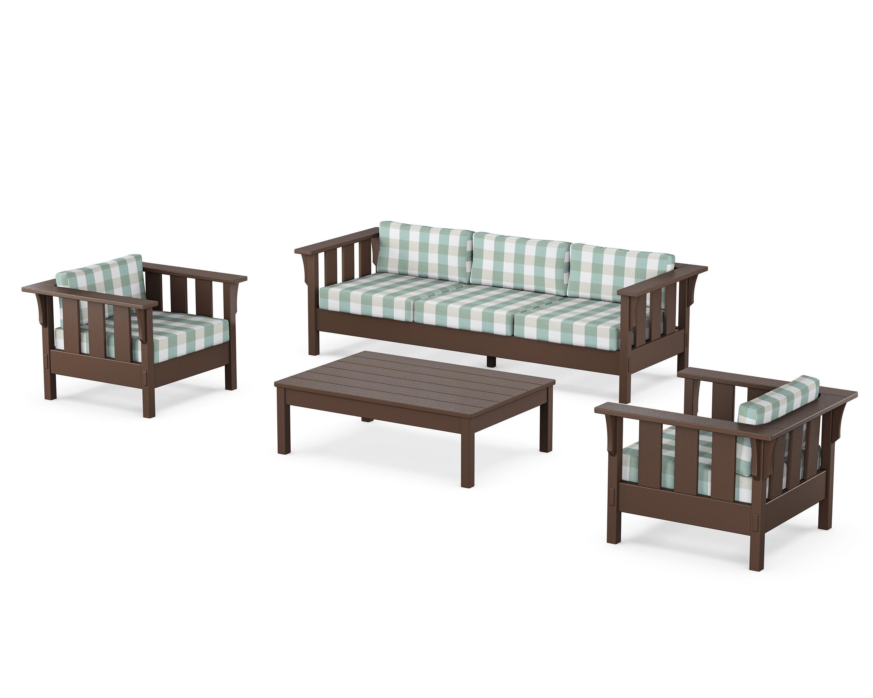 Acadia 4-Piece Deep Seating Set with Sofa in Mahogany / Buffalo Plaid Glacier Spa