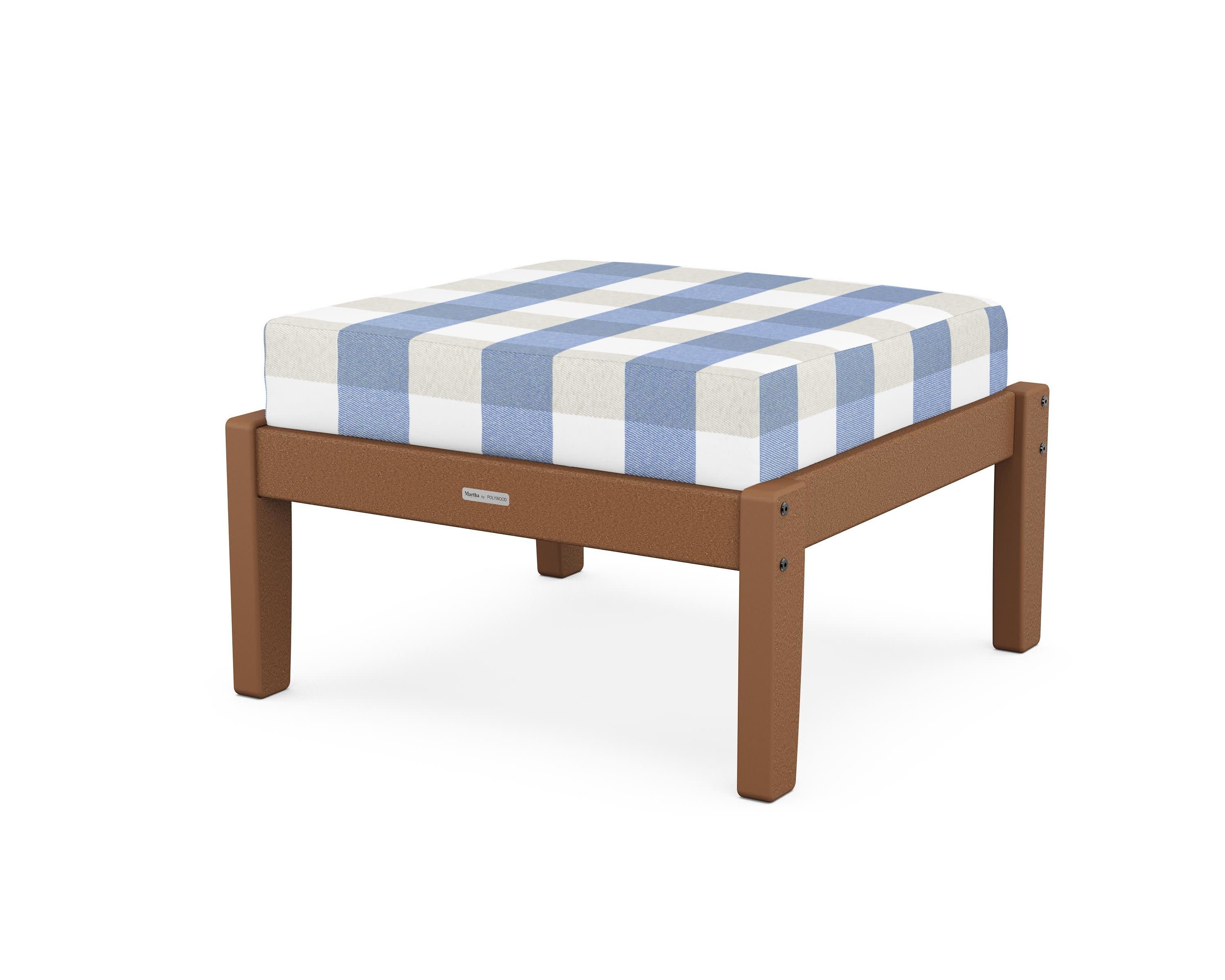 Chinoiserie Deep Seating Ottoman in Teak / Buffalo Plaid Sky Blue