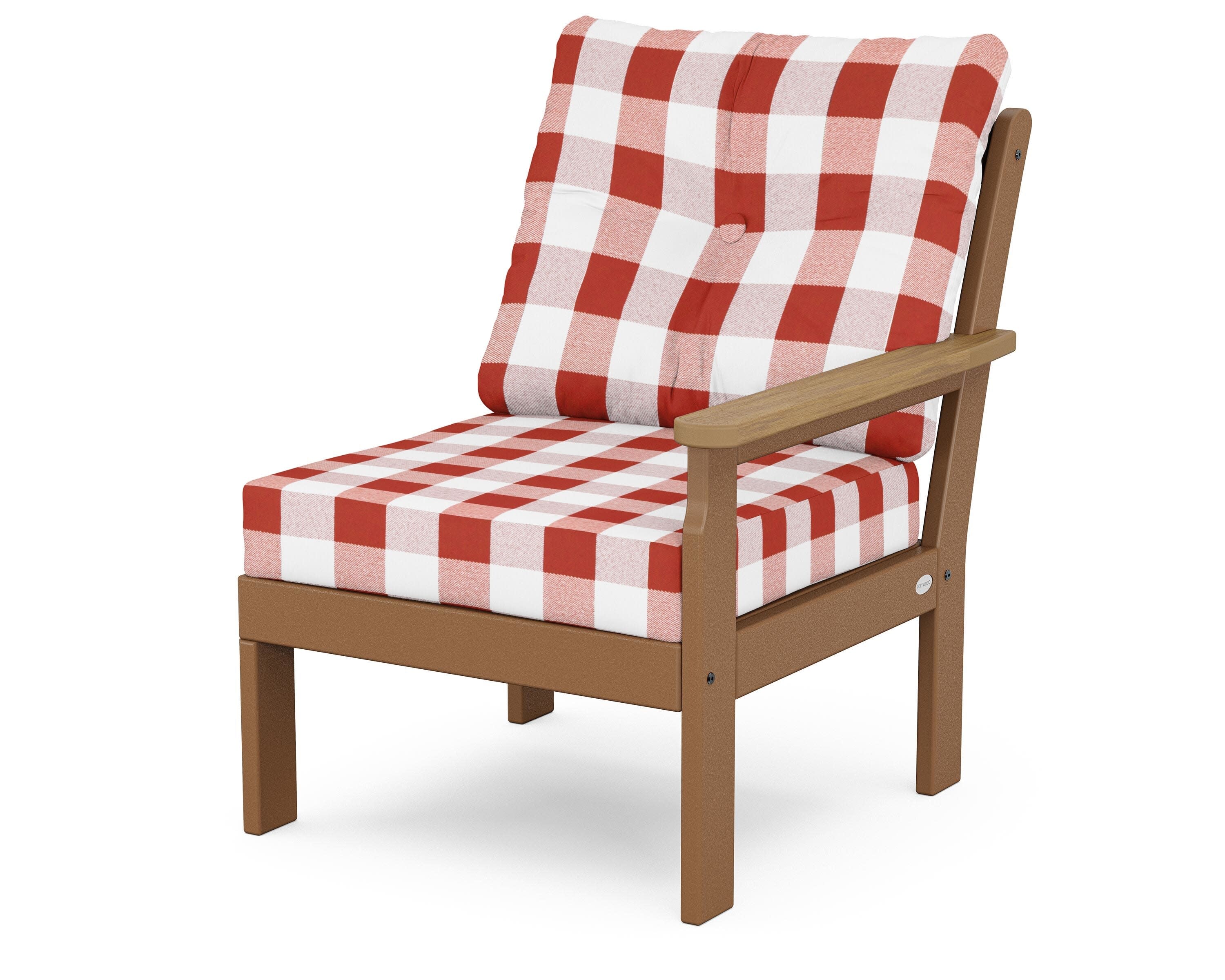 Vineyard Modular Right Arm Chair in Teak / Natural / Buffalo Plaid Crimson