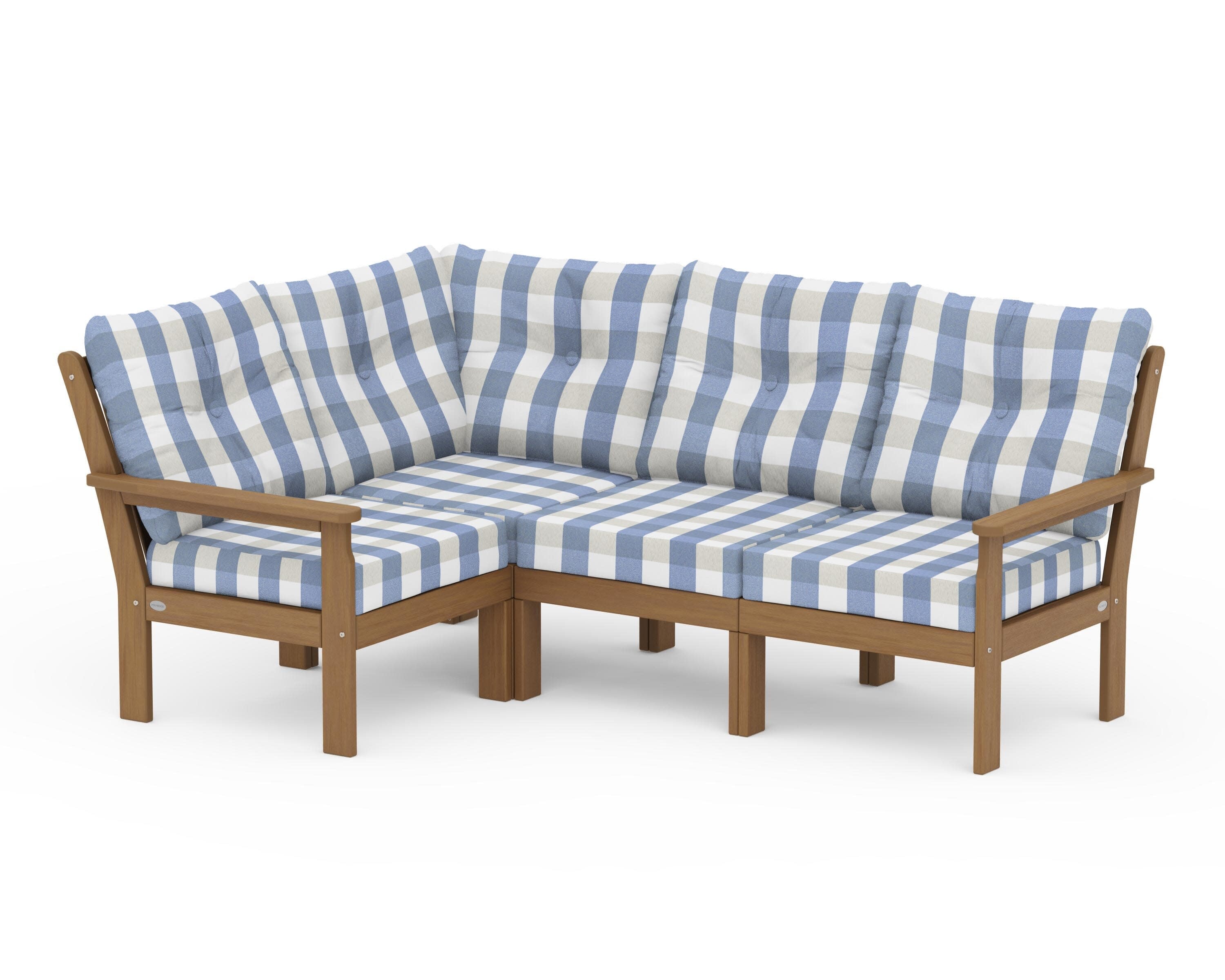 Vineyard 4-Piece Sectional in Natural / Buffalo Plaid Sky Blue