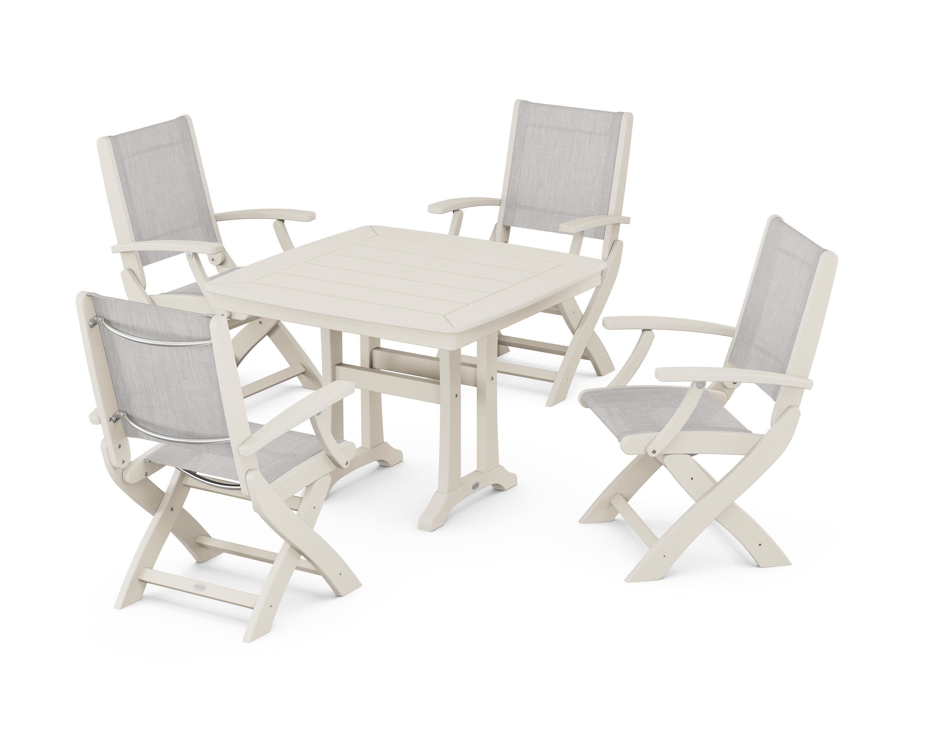 Coastal Folding Chair 5-Piece Dining Set with Trestle Legs in Sand / Parchment Sling