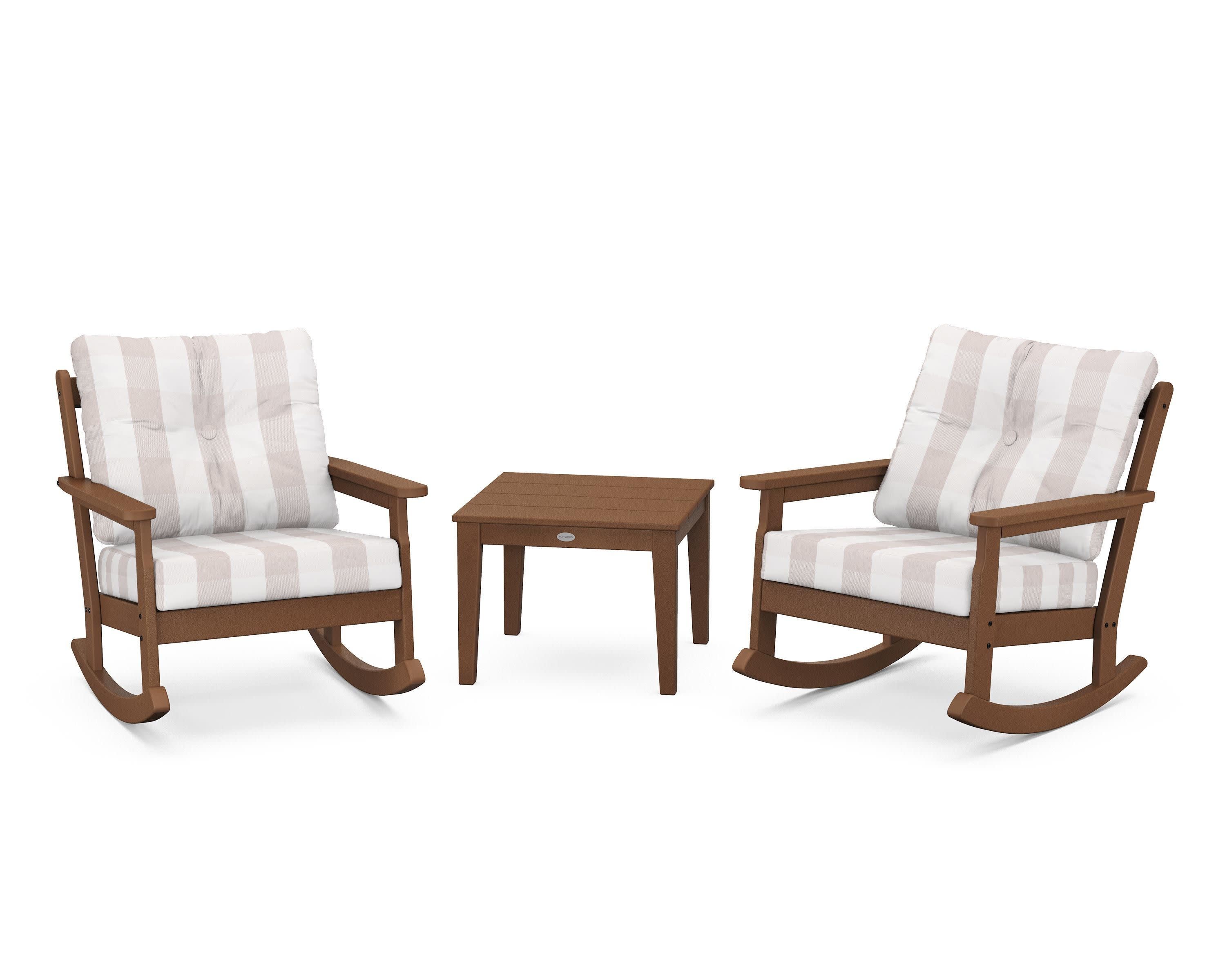 Vineyard 3-Piece Deep Seating Rocker Set in Teak / Buffalo Plaid Dune Burlap