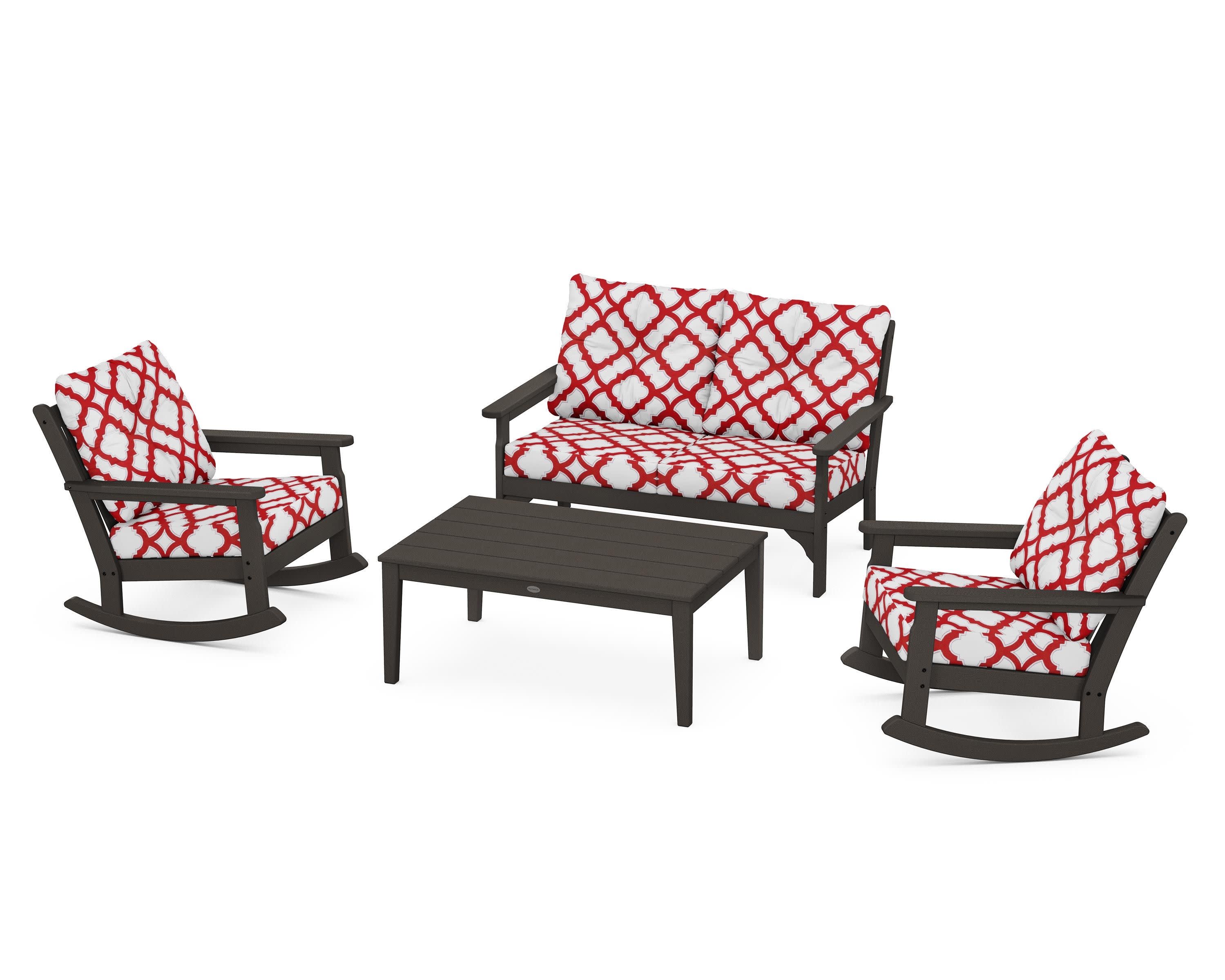 Vineyard 4-Piece Deep Seating Rocking Chair Set in Vintage Coffee / Trellis Crimson