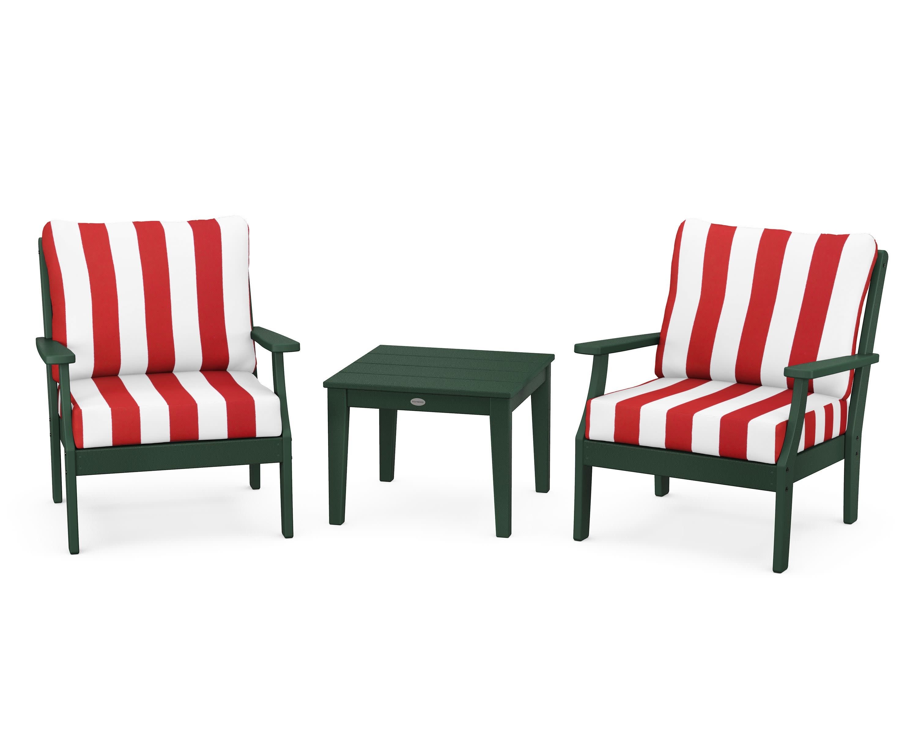 Braxton 3-Piece Deep Seating Set in Green / Cabana Stripe Crimson
