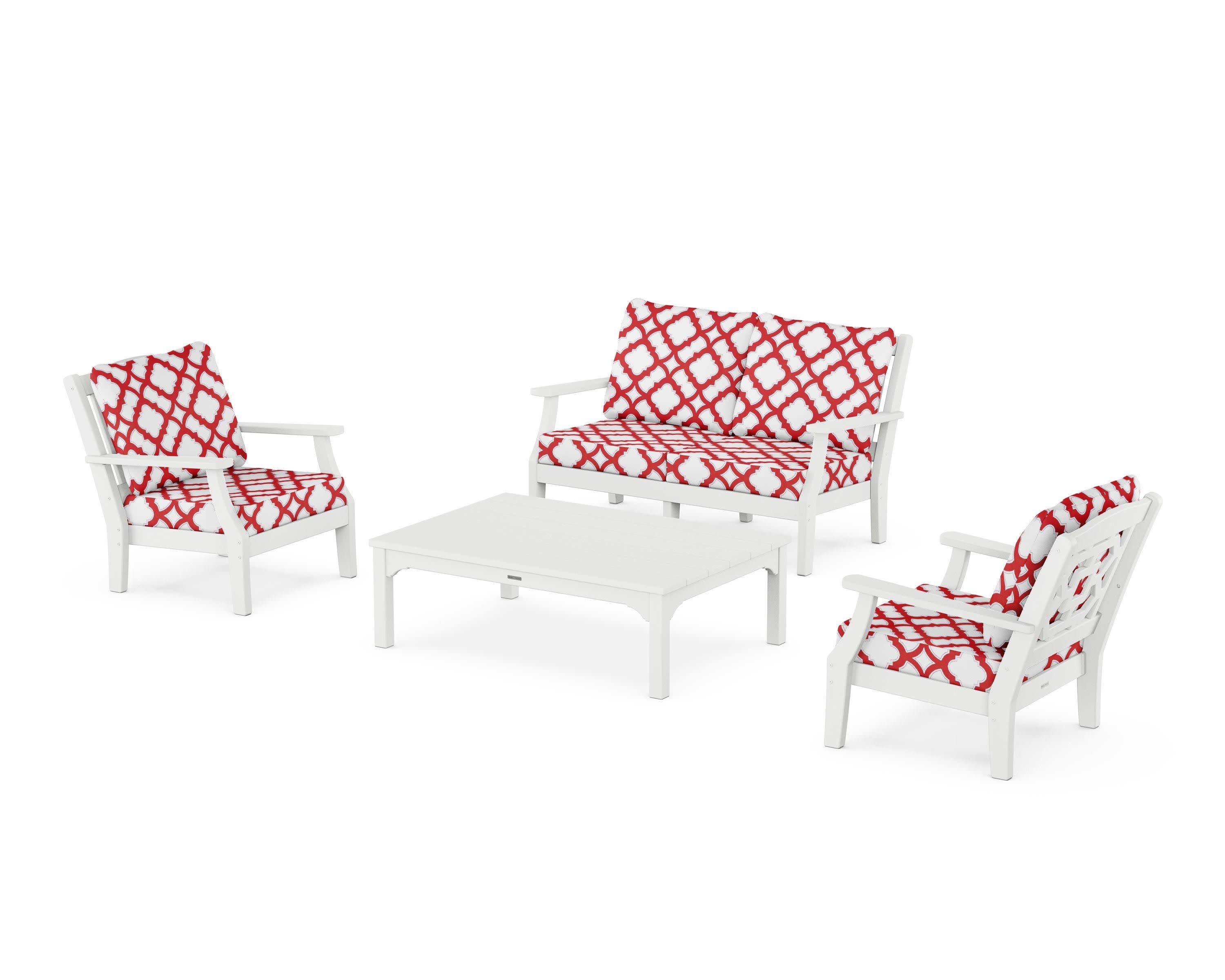 Chinoiserie 4-Piece Deep Seating Set with Loveseat in White / Trellis Crimson