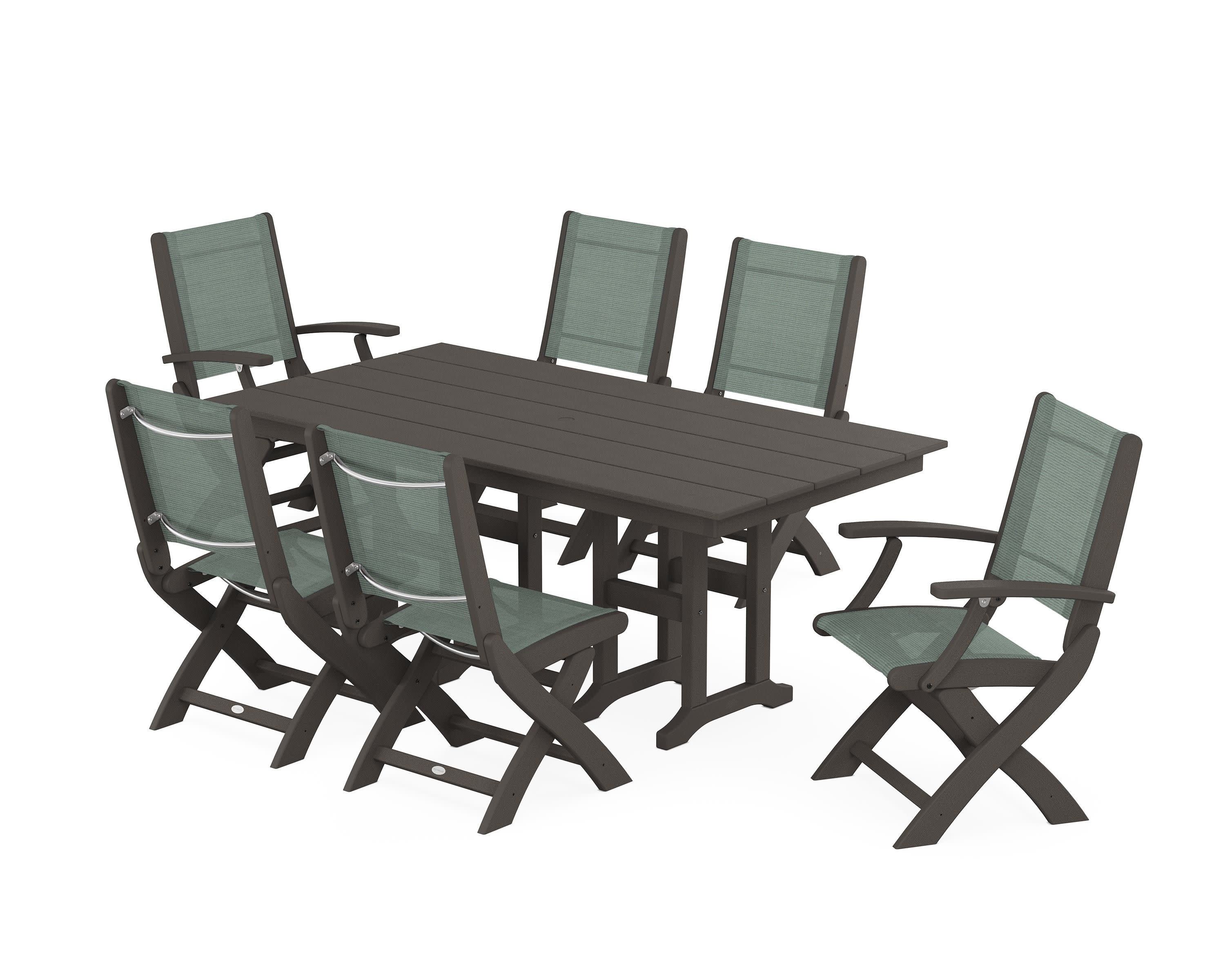 Coastal Folding Chair 7-Piece Farmhouse Dining Set in Vintage Coffee / Dupioni Sea Mist Sling