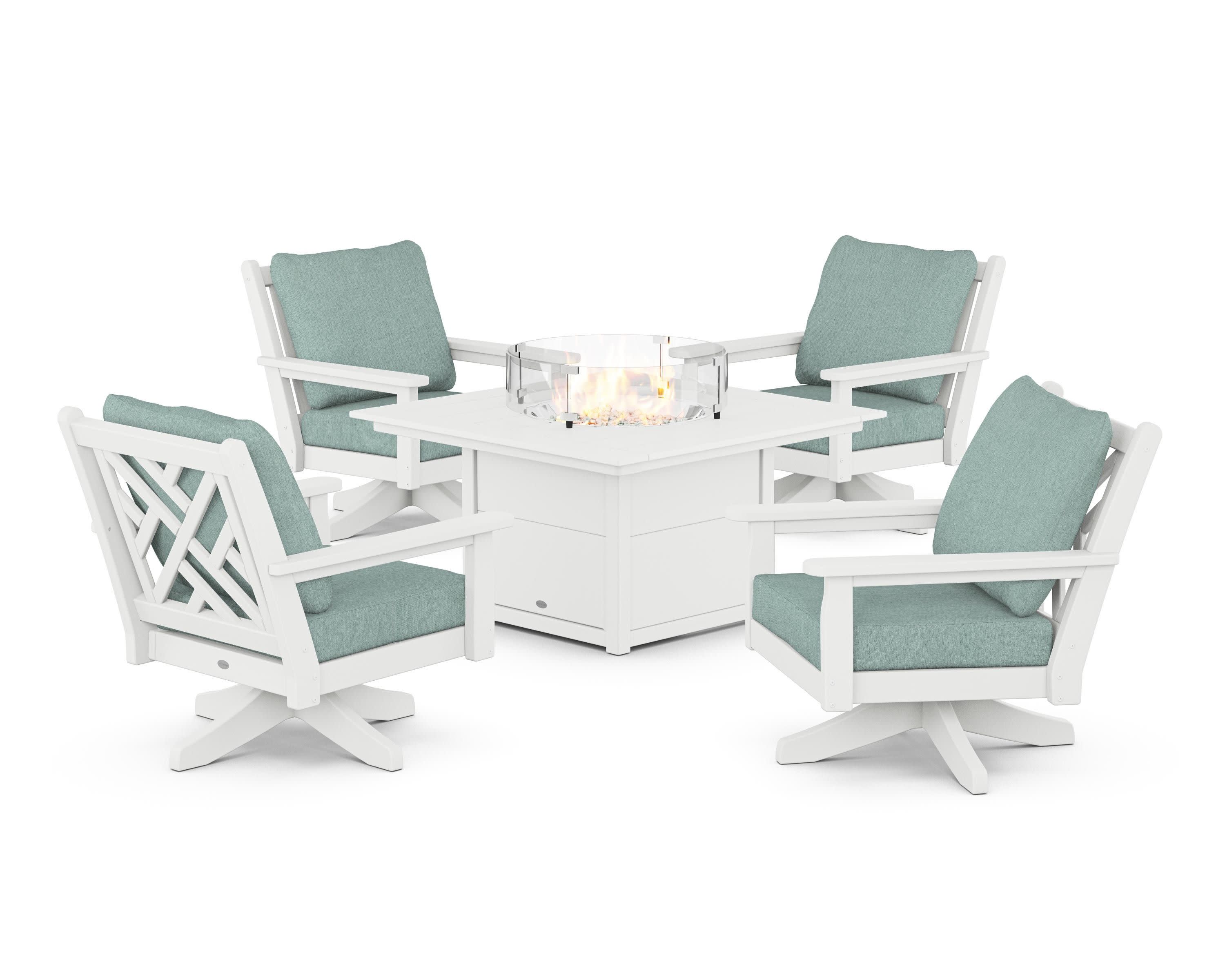 Chippendale 5-Piece Deep Seating Swivel Conversation Set with Fire Pit Table in White / Glacier Spa