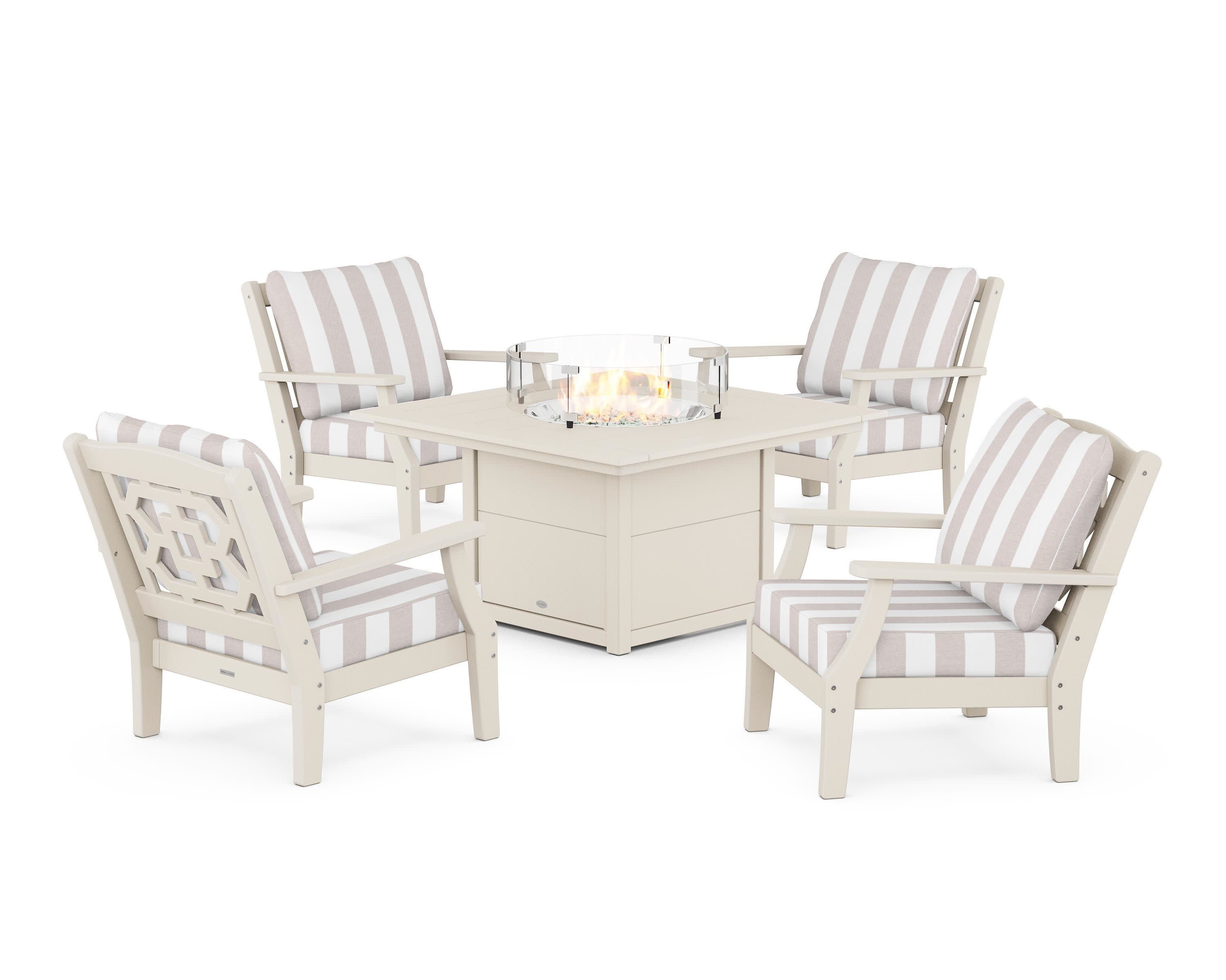 Chinoiserie 5-Piece Deep Seating Set with Fire Pit Table in Sand / Cabana Stripe Dune Burlap