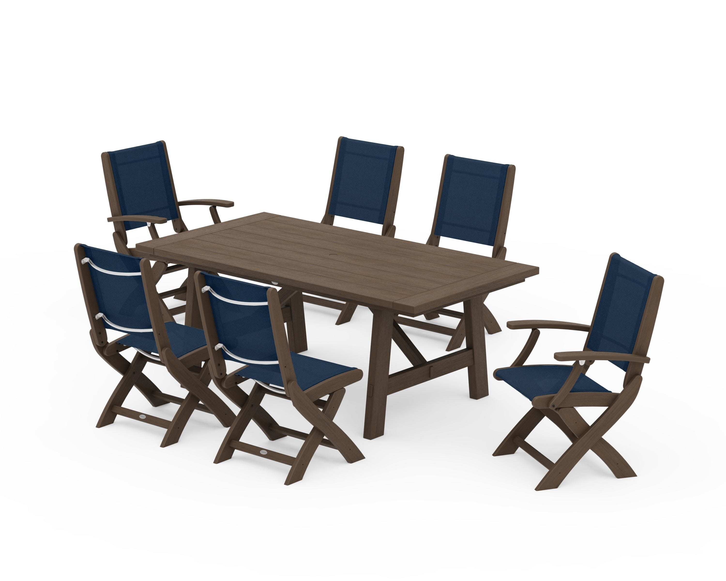 Coastal Folding Chair 7-Piece Rustic Farmhouse Dining Set in Kona / Navy Blue Sling