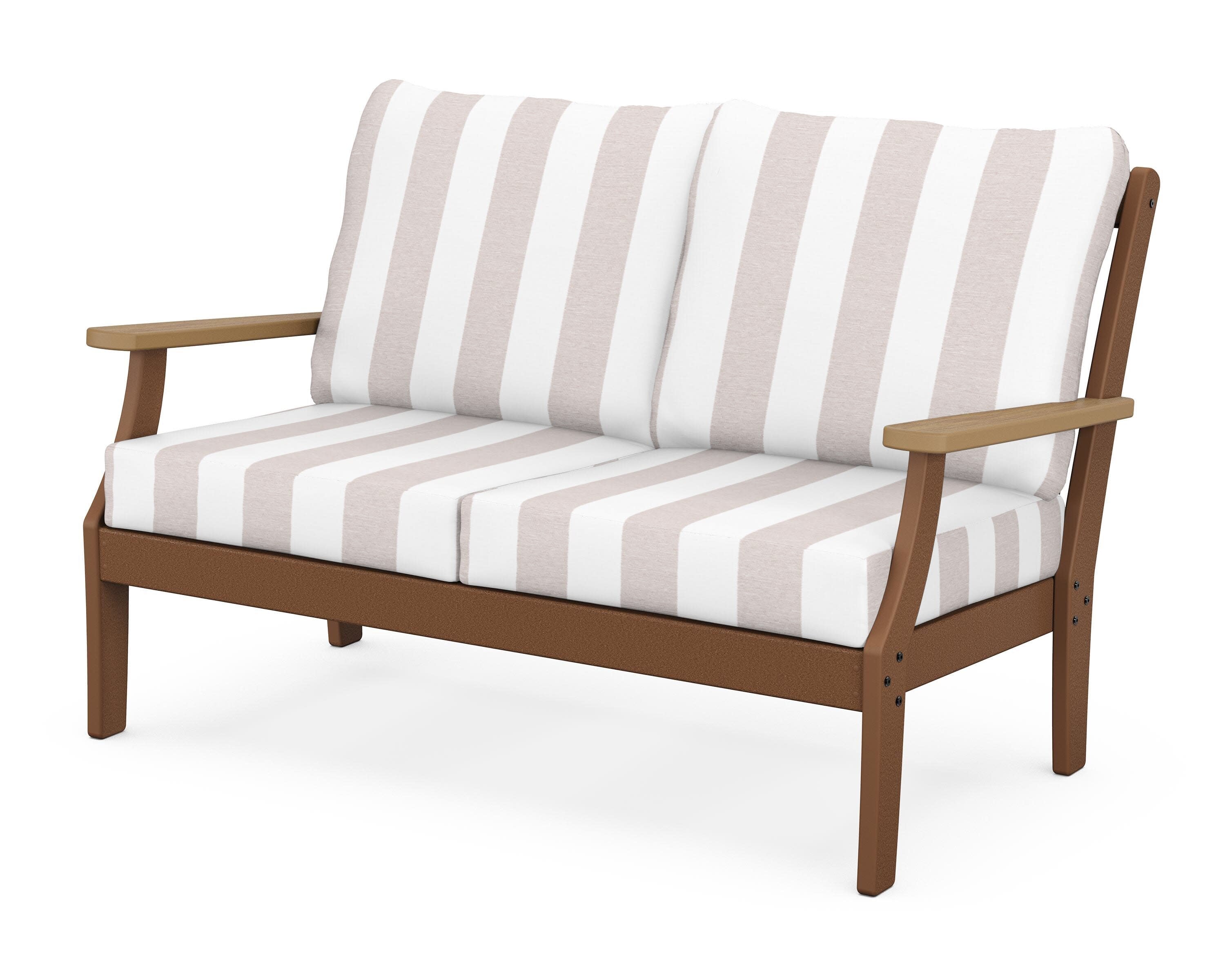 Braxton Deep Seating Loveseat in Teak / Natural / Cabana Stripe Dune Burlap