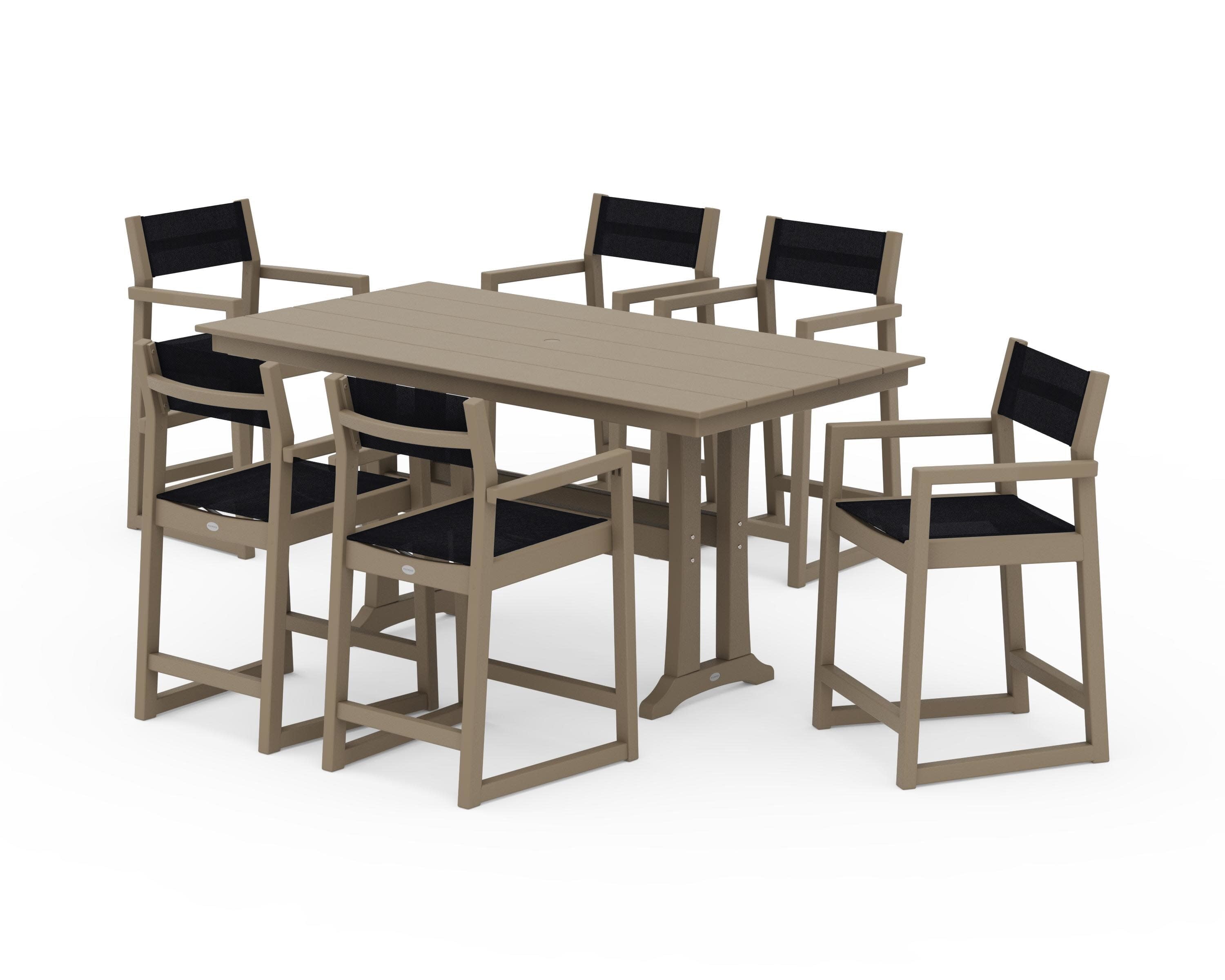 EDGE Sling Arm Chair 7-Piece Farmhouse Counter Set with Trestle Legs in Vintage Sahara / Black Sling