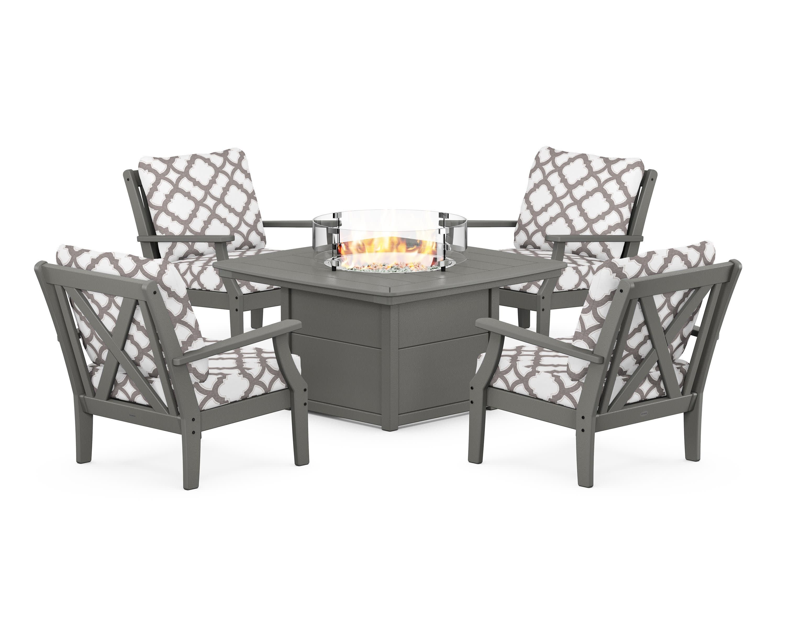 Braxton 5-Piece Deep Seating Conversation Set with Fire Pit Table in Slate Grey / Trellis Grey Mist