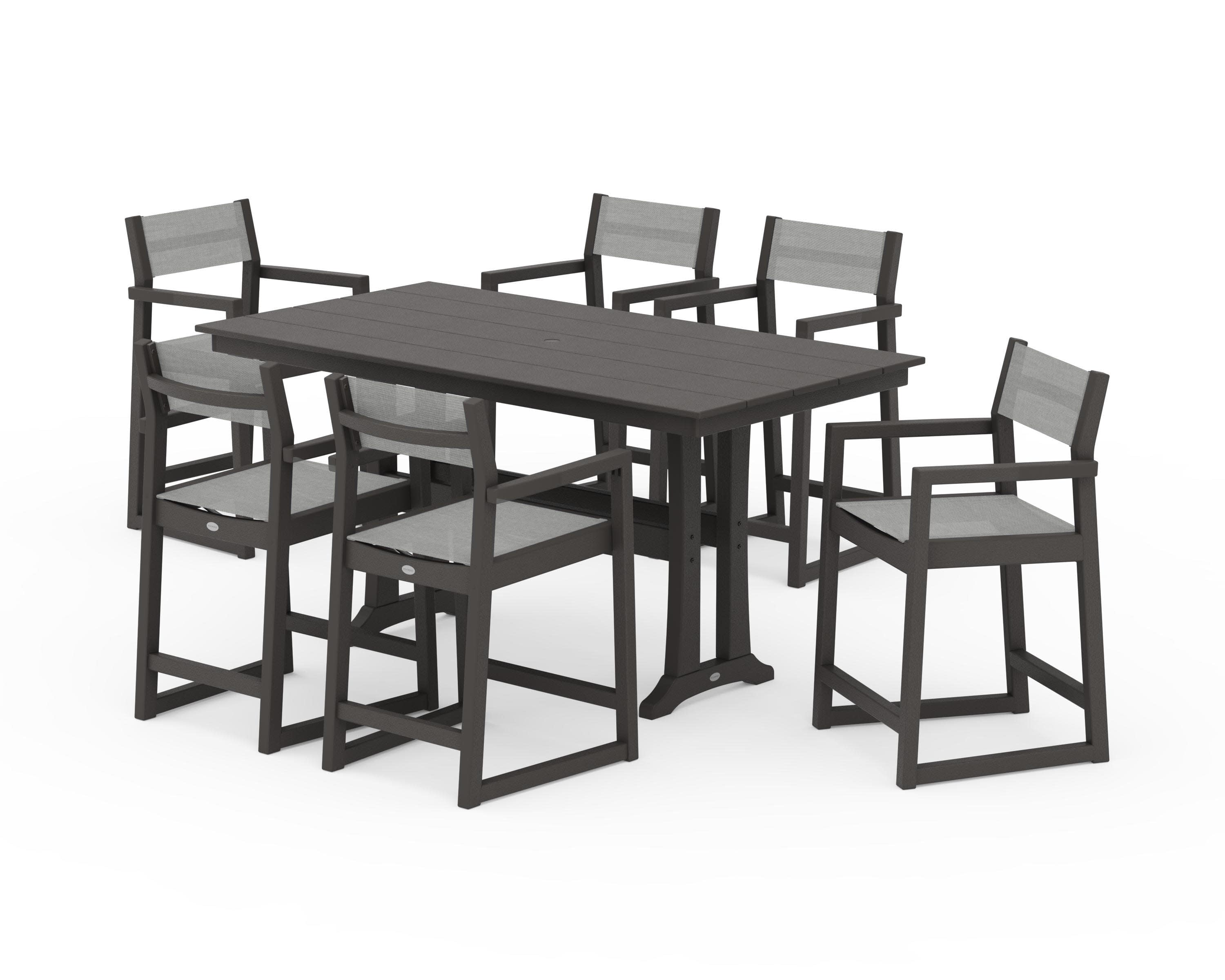 EDGE Sling Arm Chair 7-Piece Farmhouse Counter Set with Trestle Legs in Vintage Coffee / Metallic Sling