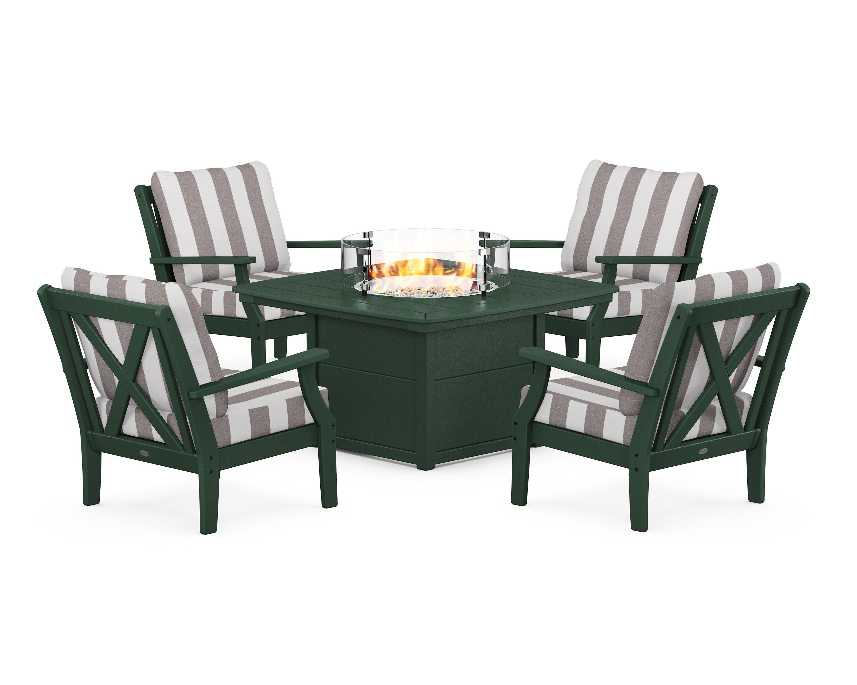 Braxton 5-Piece Deep Seating Conversation Set with Fire Pit Table in Green / Cabana Stripe Grey Mist