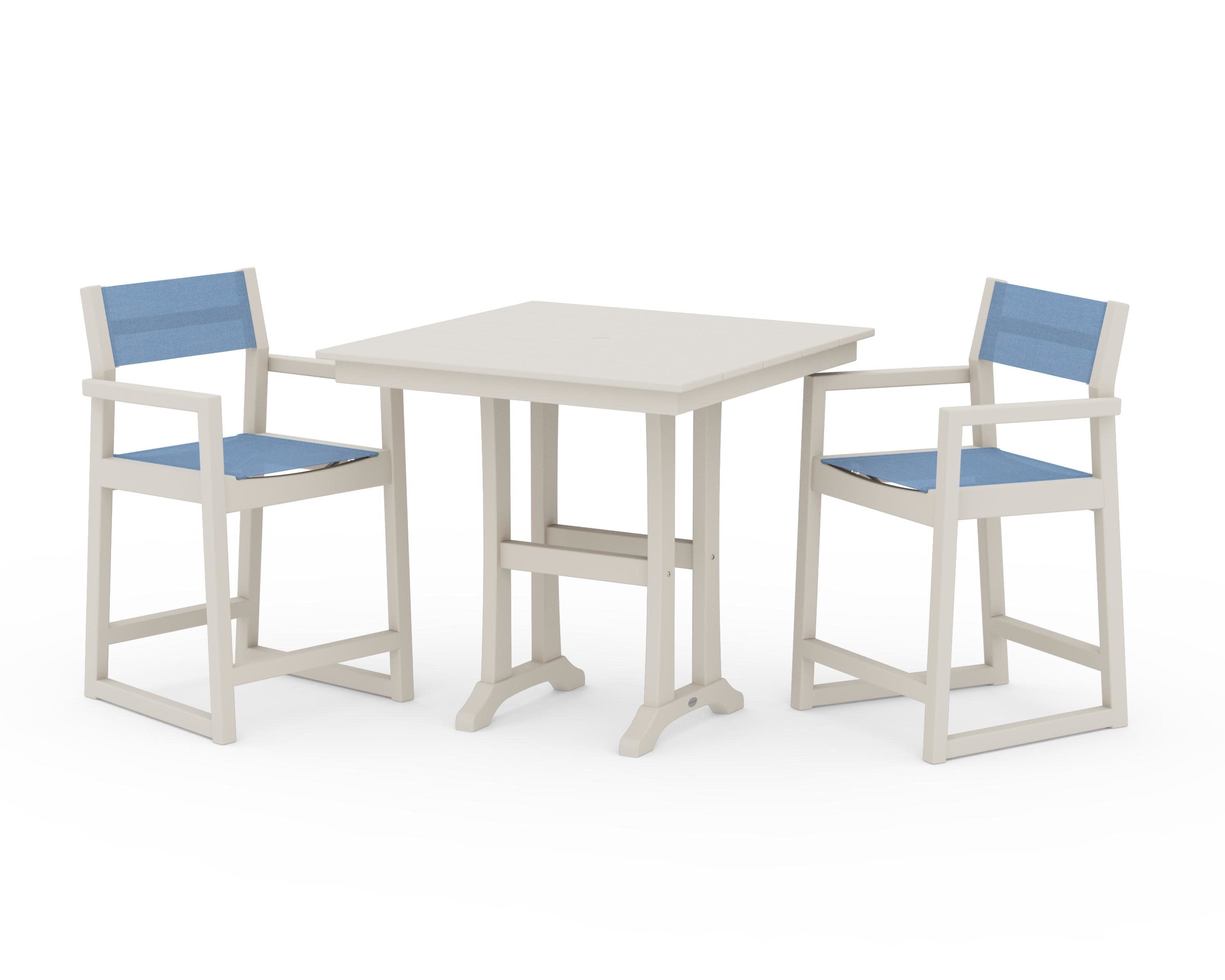 EDGE Sling Arm Chair 3-Piece Farmhouse Counter Set with Trestle Legs in Sand / Poolside Sling