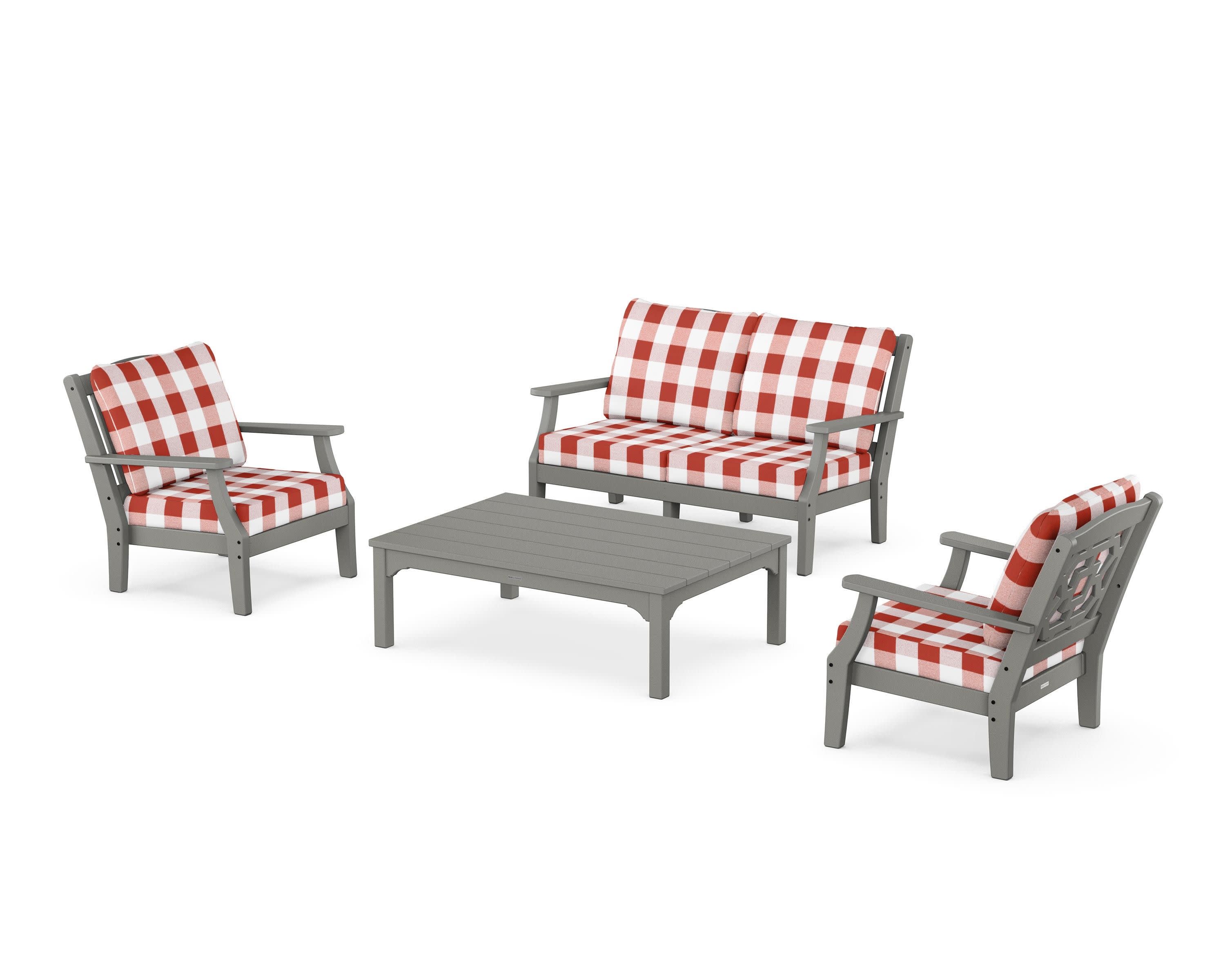 Chinoiserie 4-Piece Deep Seating Set with Loveseat in Slate Grey / Buffalo Plaid Crimson