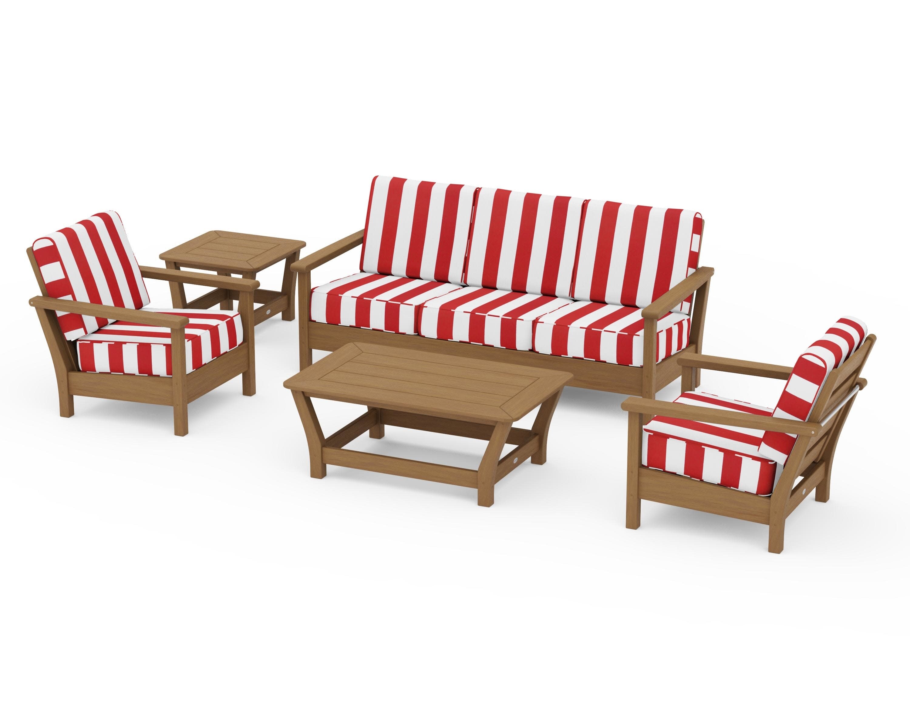 Harbour 5-Piece Deep Seating Set in Natural / Cabana Stripe Crimson