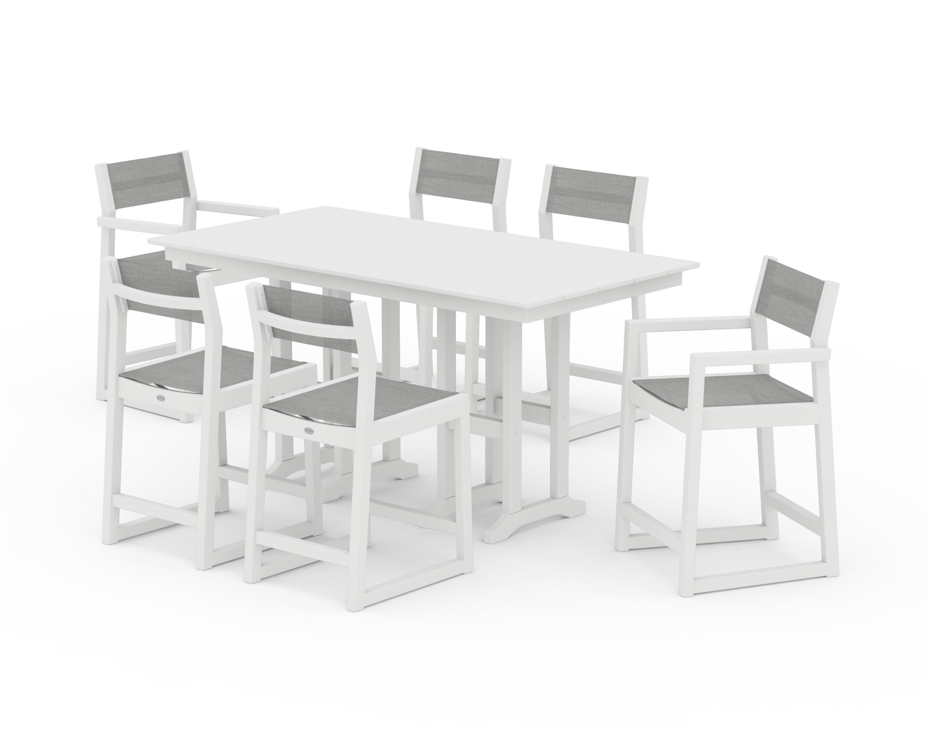 EDGE Sling 7-Piece Farmhouse Counter Set with Trestle Legs in White / Metallic Sling