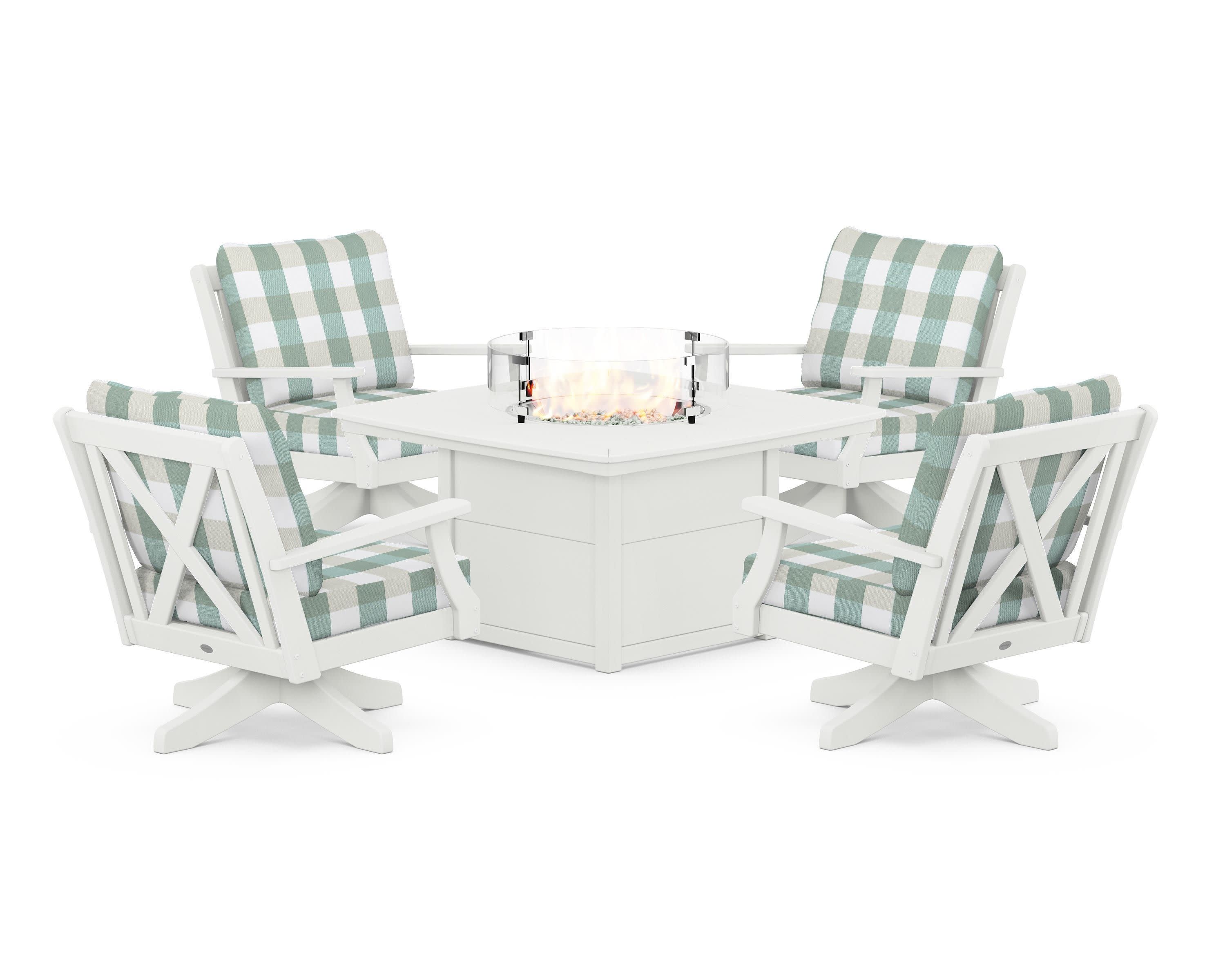 Braxton 5-Piece Deep Seating Swivel Conversation Set with Fire Pit Table in Vintage White / Buffalo Plaid Glacier Spa