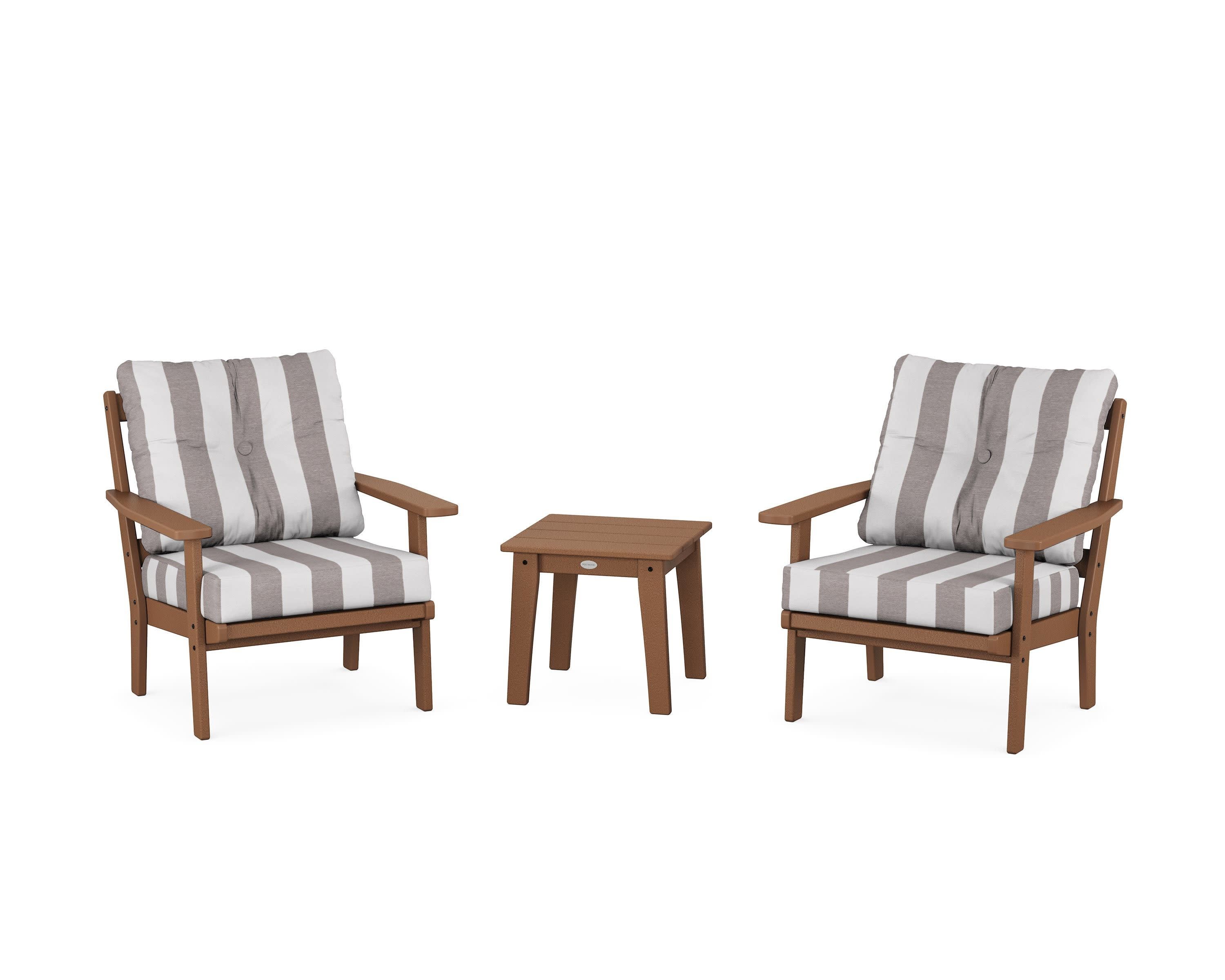 Oxford 3-Piece Deep Seating Set in Teak / Cabana Stripe Grey Mist