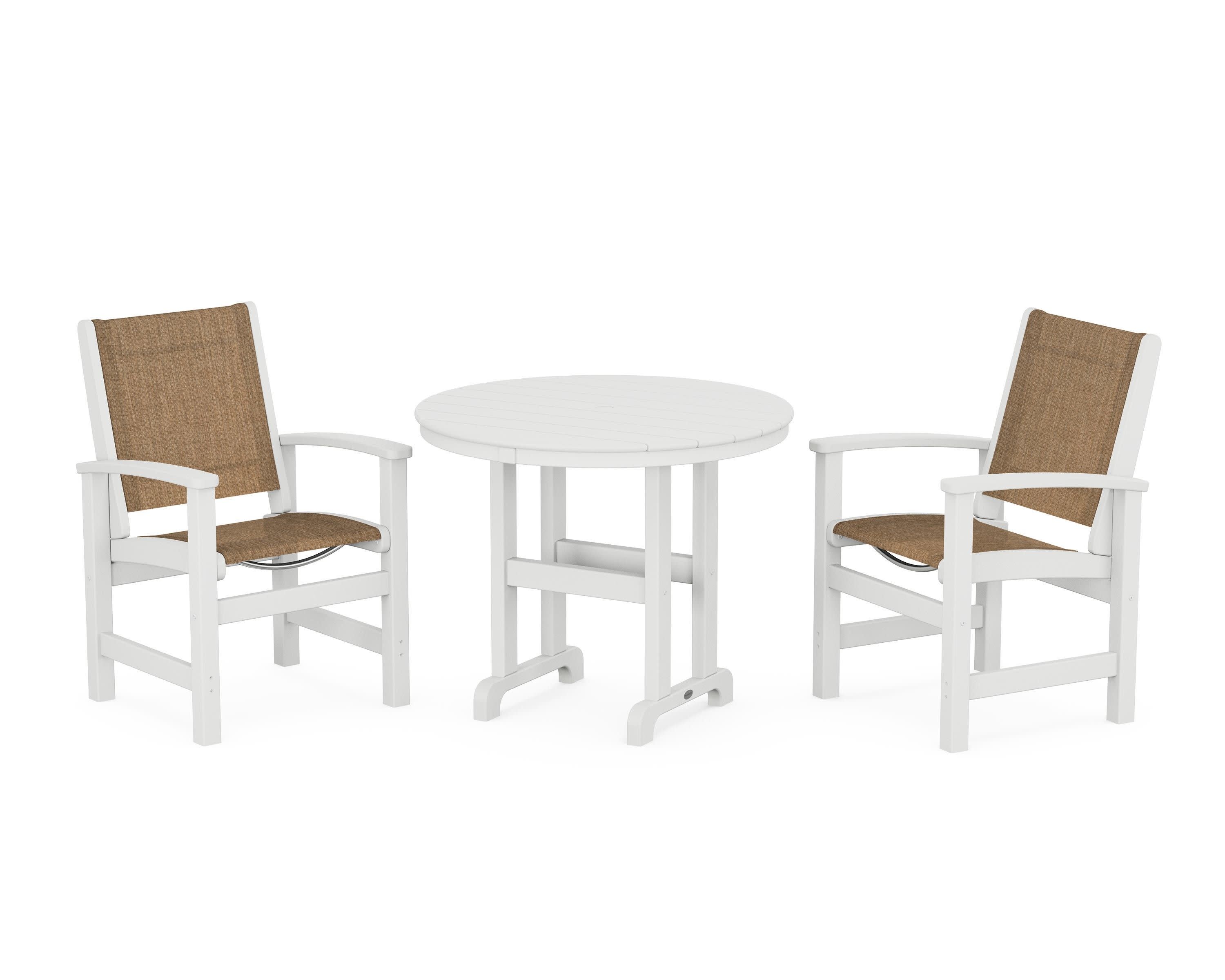 Coastal 3-Piece Round Dining Set in White / Burlap Sling